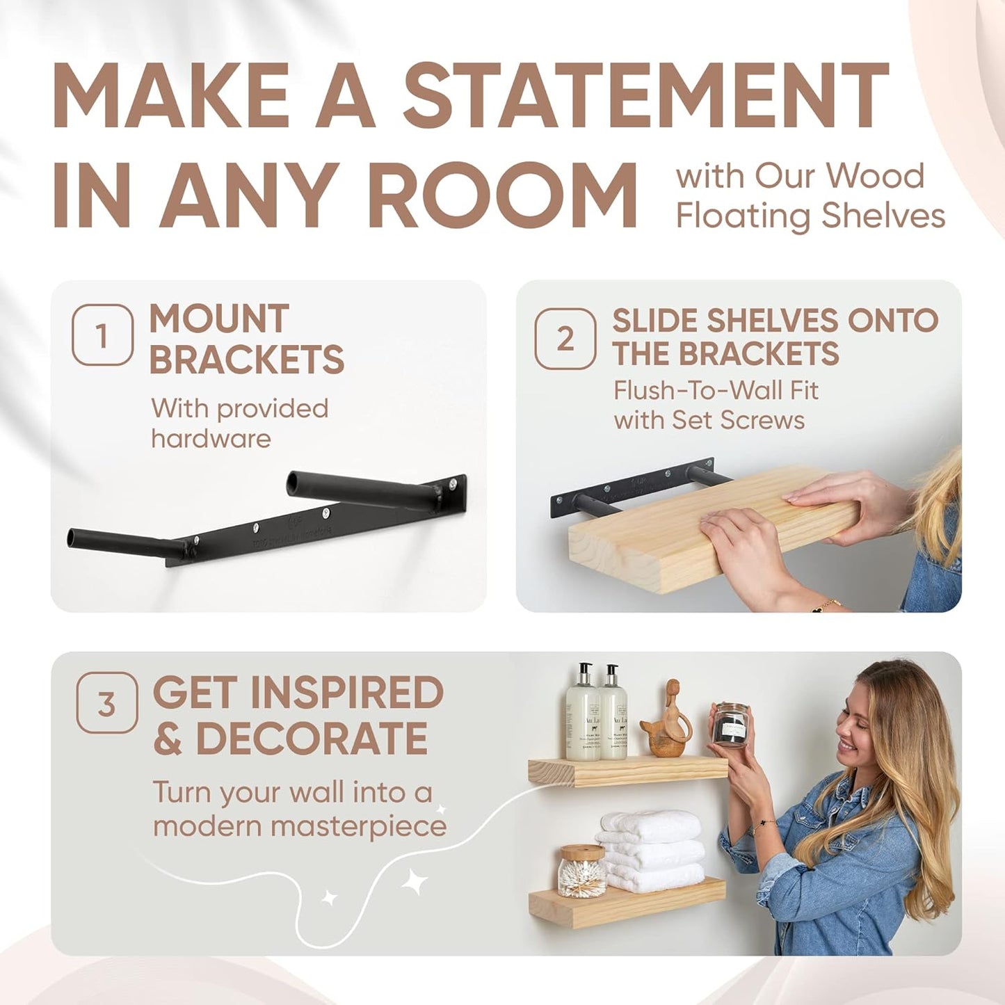 Homeforia 16 inch Natural Floating Shelf, High End Solid Real Wood 16inch Small Floating Shelves for Wall Mounted, Natural Wooden Floating Shelves, Heavy Duty Bracket, 16 X 6.5 X 1.75 in, Set of 3