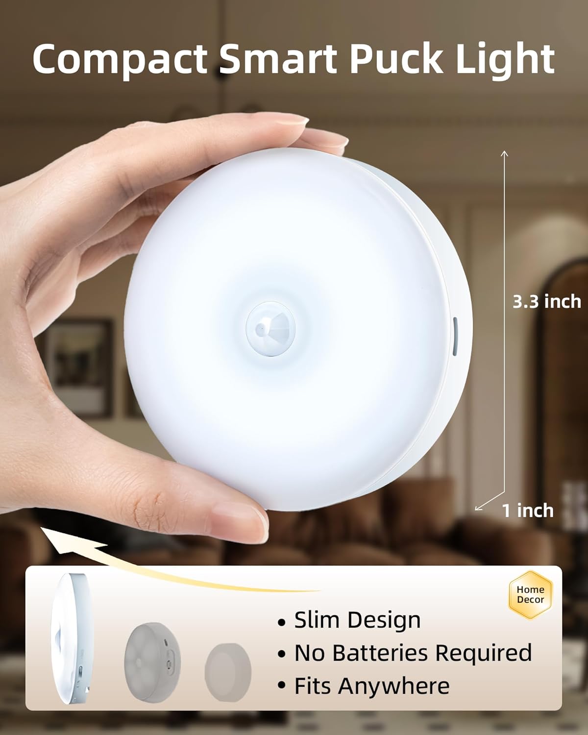EZVALO Under Cabinet Lighting,1000mAh Rechargeable Puck Lights with Remote,3 Color Temps & 12 RGB Motion Sensor Closet Lights Indoor,Dimmable Under Cabinet Lights for Kitchen,Cabinets,Closet (3 Packs)