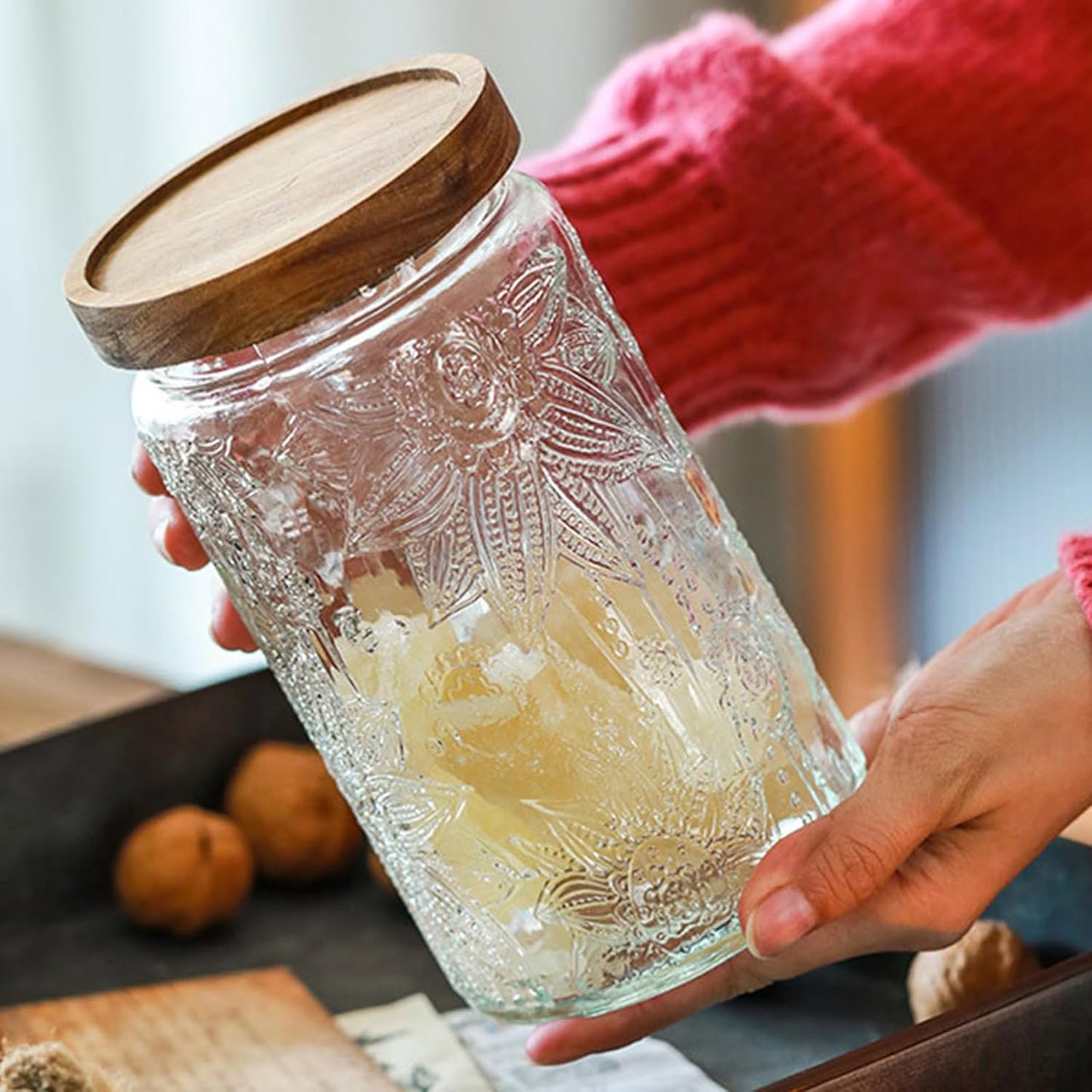 Vintage Glass Jars with Wooden Lids, 2 Pack 34 oz Airtight Glass Food Storage Containers Sets for the Kitchen, Sugar Coffee Candy Spice Cookie Tea Pasta