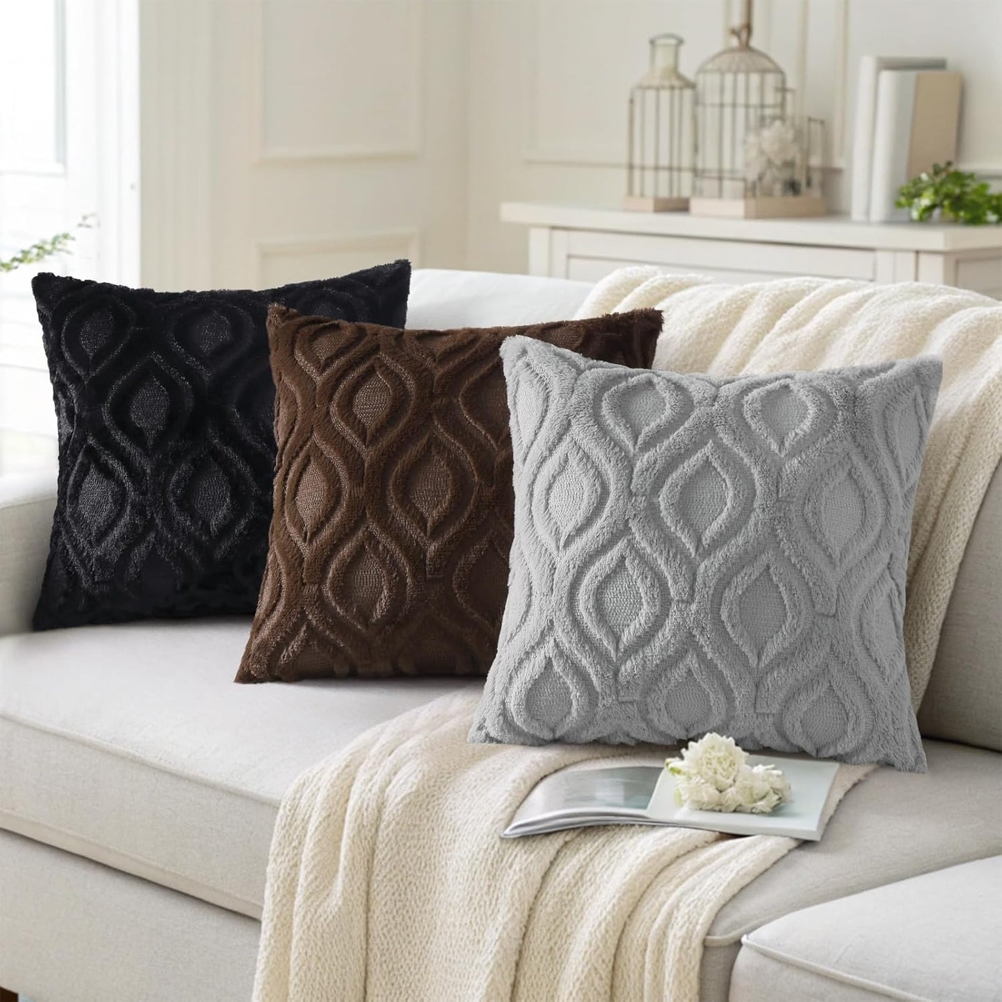 decorUhome Fall Throw Pillow Covers 20x20 Inch Set of 2, Soft Plush Decorative Faux Fur Grey Solid Couch Pillow Covers, Accent Farmhouse Neutral Square Euro Pillow Cases for Sofa Bed Living Room