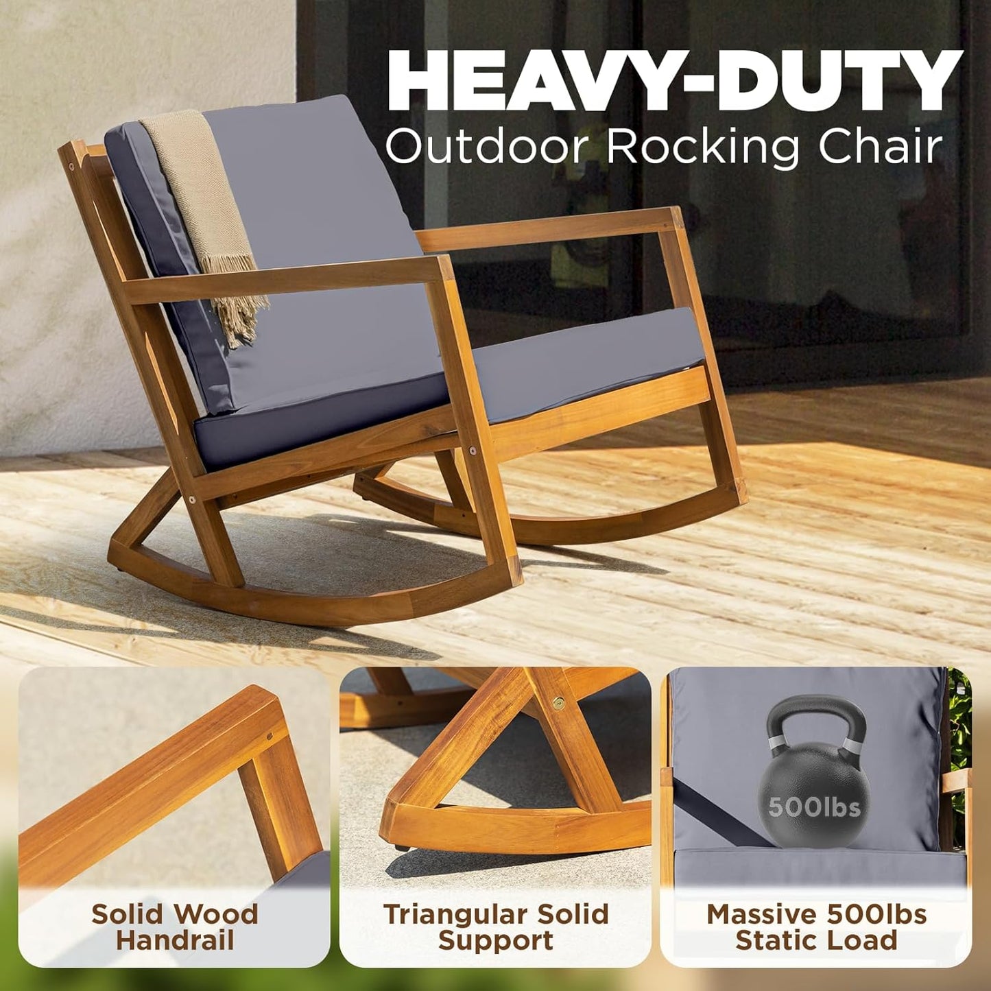 IDZO Premium Club Rocking Chair 500lbs Capacity with Inclined Backrest, Thick Foam Cushion, Solid Acacia Wood Rocker for Patio, Backyard, Balcony, Porch