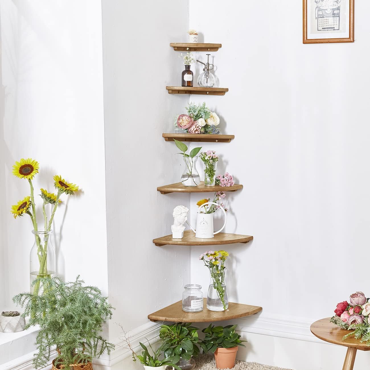 Corner Shelf, Solid Oak Wood Floating Corner Shelves Wall Mount Round End with Wire Hole for Small Plant Photo Frame for Bedroom Kitchen, Living Room