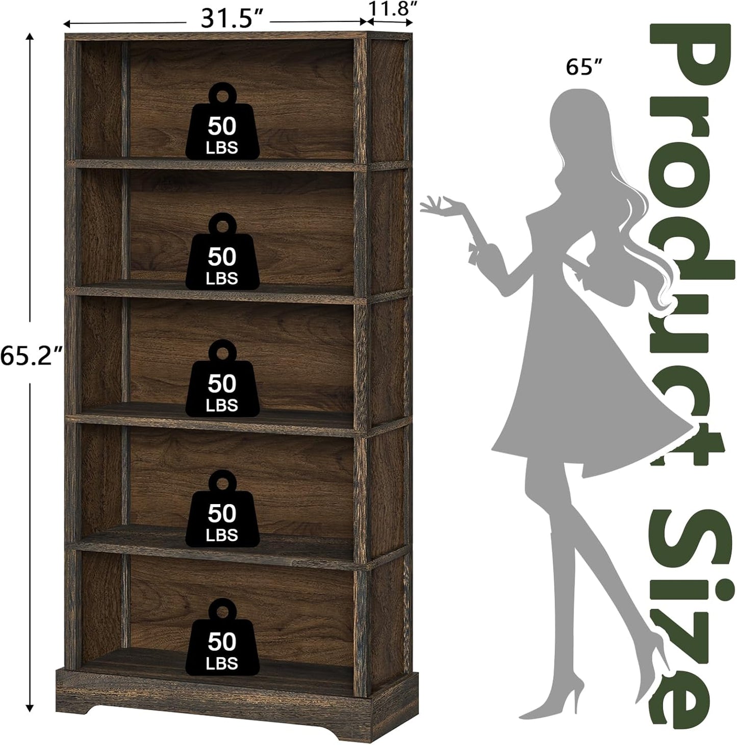 TVU 5-Shelf Wood Bookcase, 65 Inch Tall Bookshelf with Storage, Floor Standing Display Book Shelf, for Living Room Bedroom Study Office, Rustic Brown