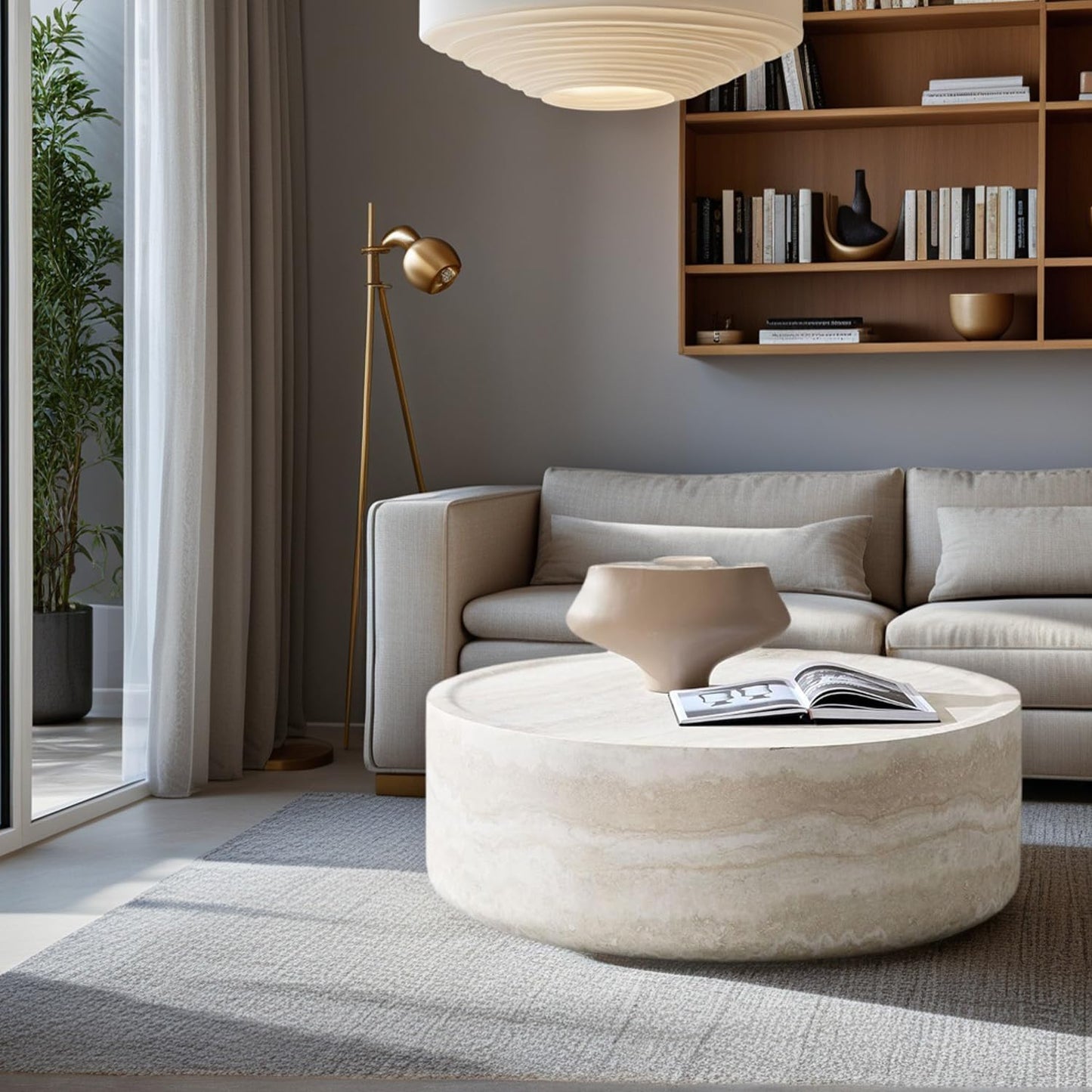 Faux Marble Coffee Table, Modern Round Coffee Table for Living Room, Circle Drum Coffee Side Tables, Fiberglass Center End Table for Small Place Apartment Office (39.37'' Marble)