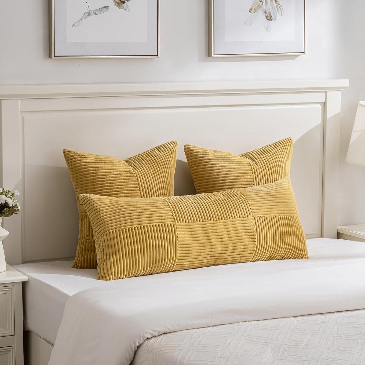 Fancy Homi Set of 2 Mustard Yellow Boho Long Lumbar Body Decorative Throw Pillow Cover 14x36 Inch for Bed Couch Bedroom Bench, Soft Patchwork Corduroy Pillow Case, Rustic Farmhouse Room Décor