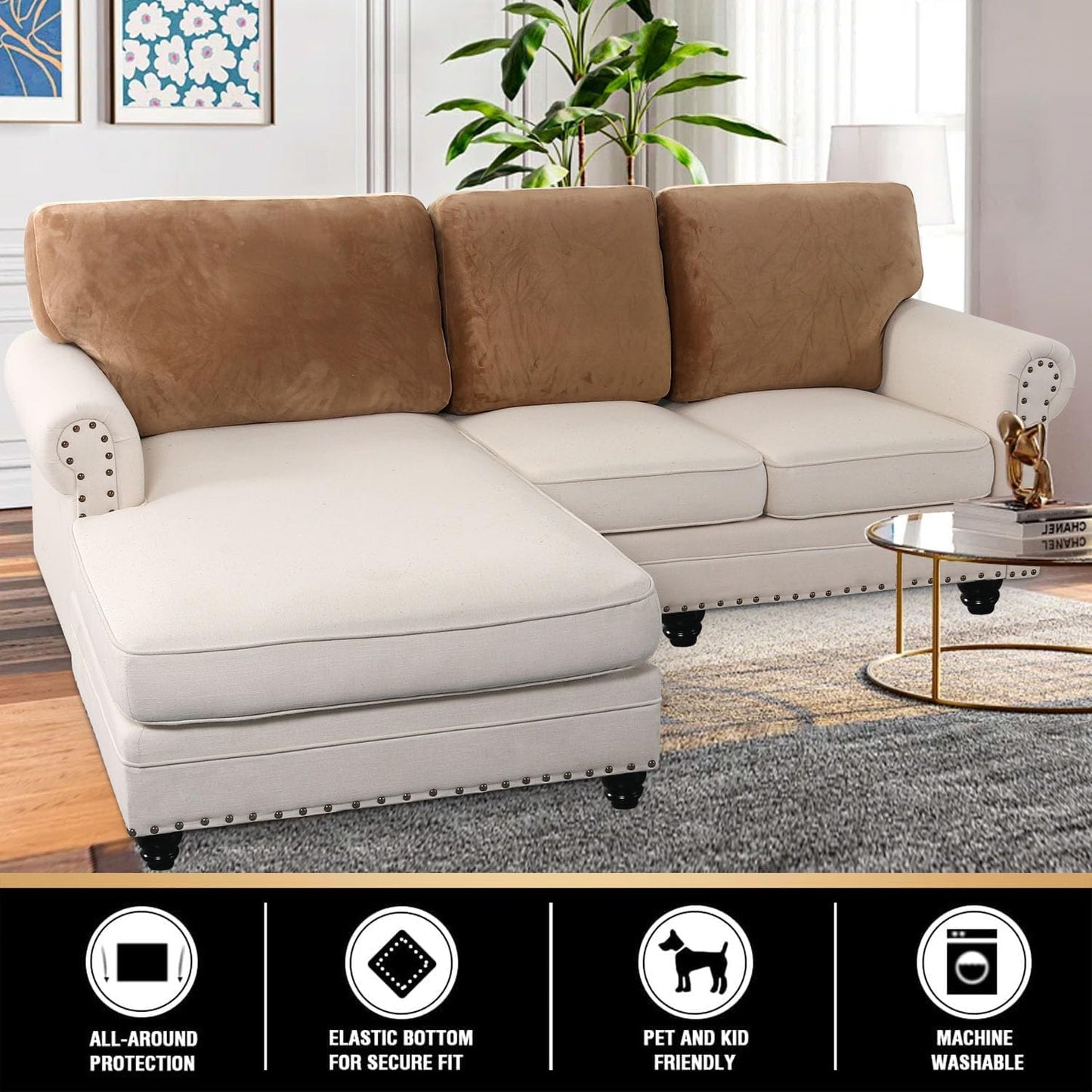 PrinceDeco Sectional Couch Covers Velvet Cushion Covers for Sectional Couch Cushion Covers for Sectional Sofa Separate Sectional Sofa Slipcovers Washable(1 Chaise Back+ 2 Sofa Back,Navy)
