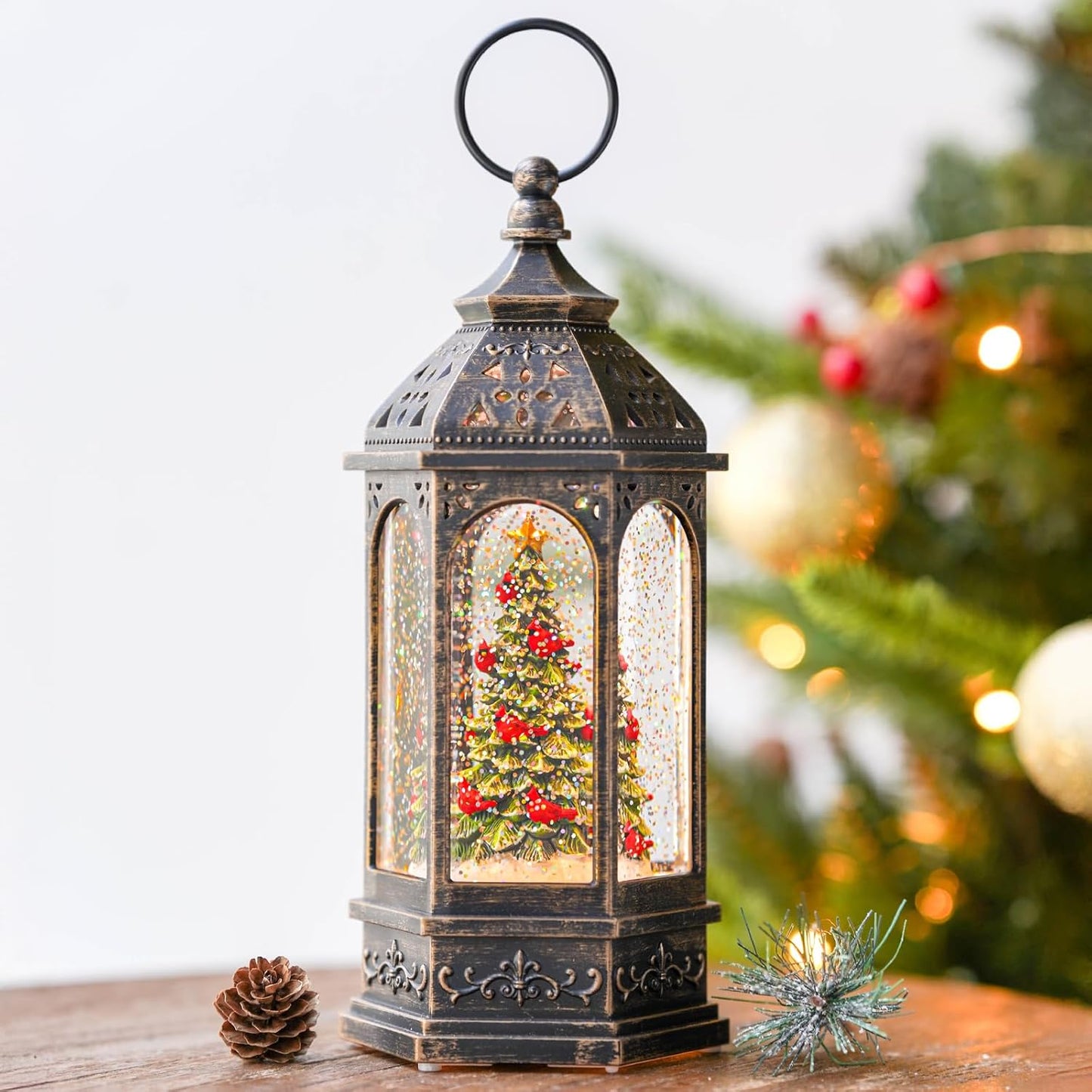 Lighted Christmas Tree Cardinal Music Snow Globe Water Lantern with Swirling Glitter Decoration for Christmas Home, Living Room, Battery Operated or USB Powered