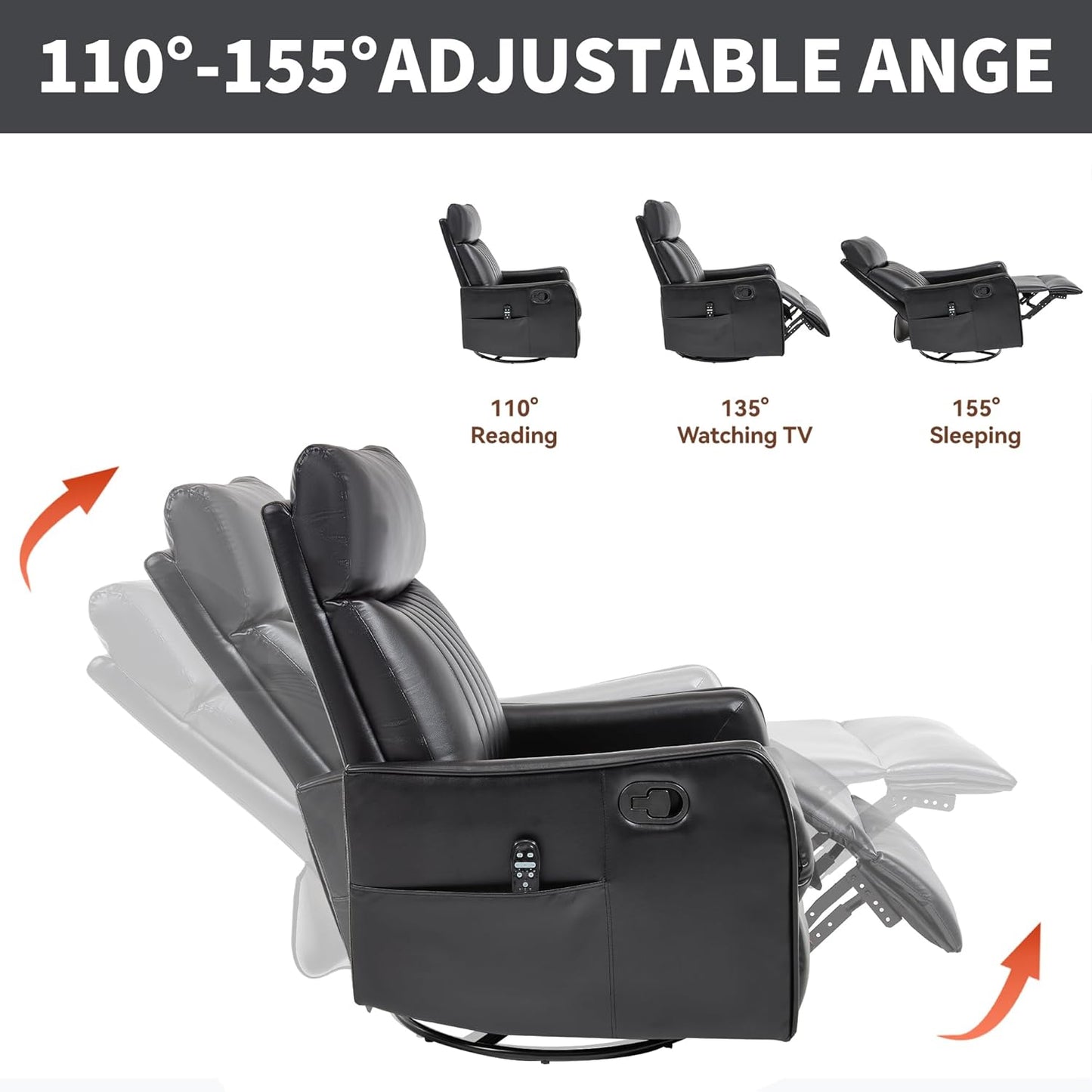Manual Swivel Rocker Recliner Chair for Adults, Overstuffed Reclining Glider Chair for Nursing with Vibration Massage & Heat, Living Room Rocking Recliner 2-Stage backrest, Faux Leather Black