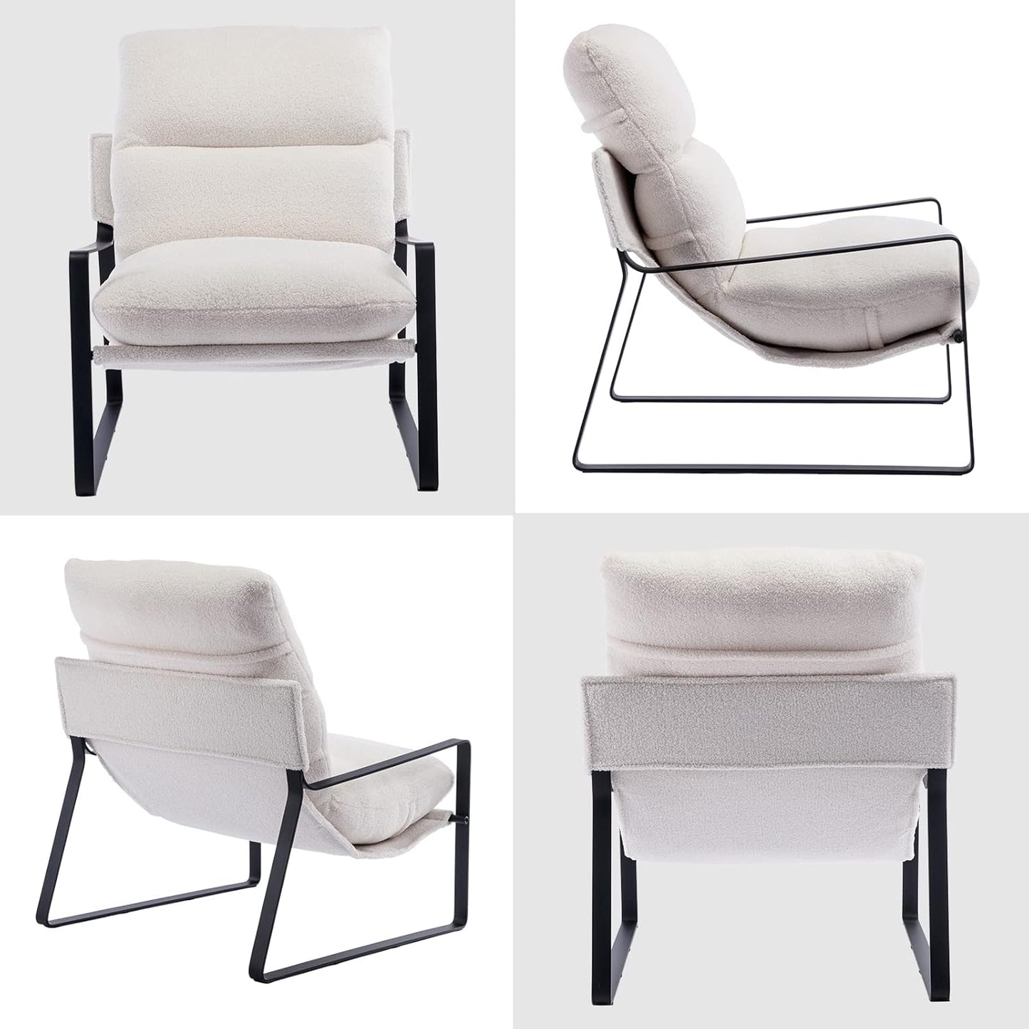 DUOMAY Modern White Sherpa Accent Chair, Comfy Lounge Lazy Chair with Metal Leg, Mid-Century Corner Arm Chair for Living Room Bedroom Office Apartment