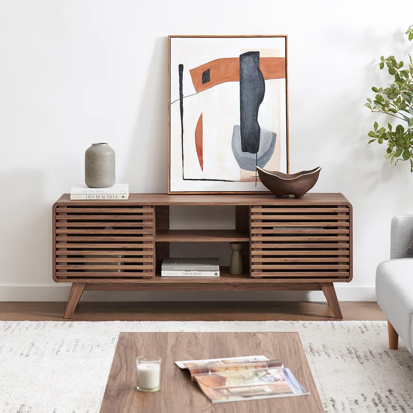 mopio Ensley TV Stand, Mid Century Modern for 55/60/65 inch TV, Farmhouse TV Stand, Entertainment Center with Storage, TV and Media Consol for Living Room (Walnut, 59" Tall)