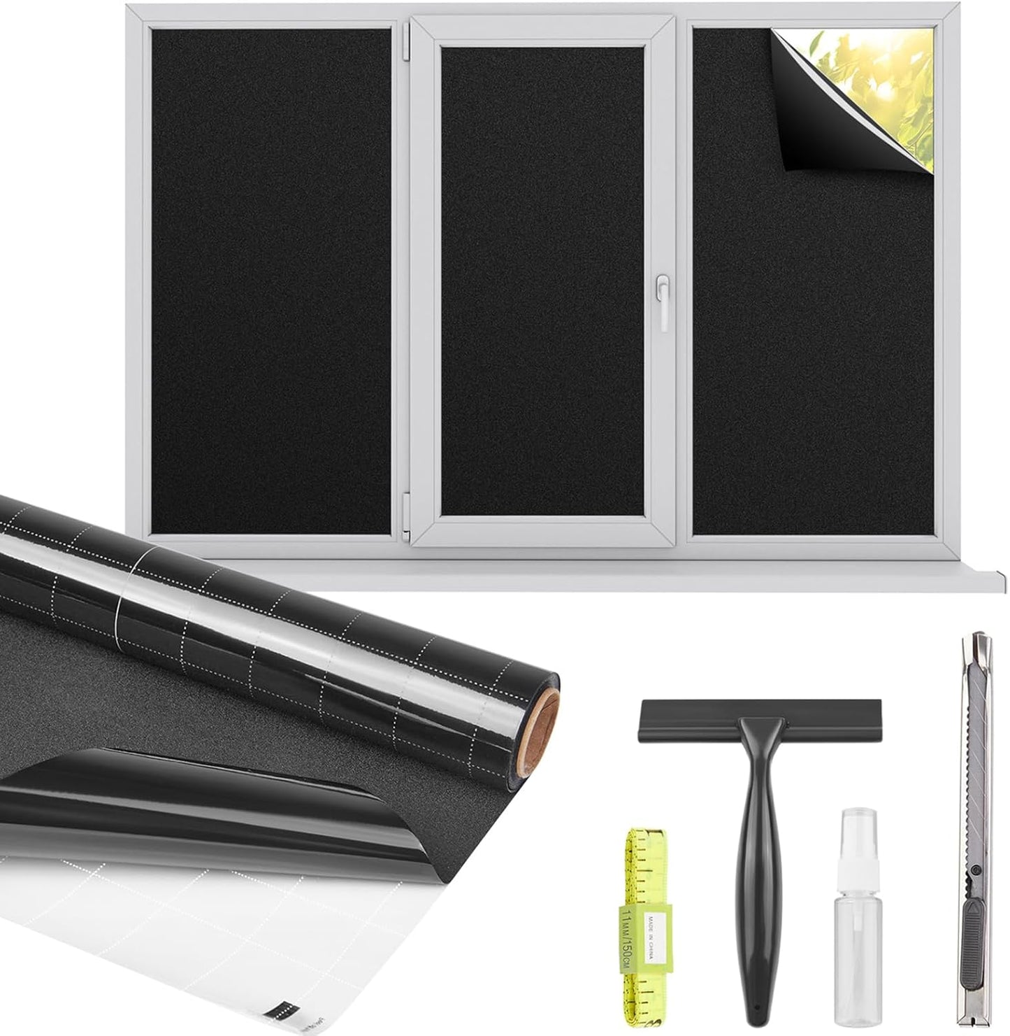 Kromapolis Blackout Window Privacy Film Total Light Blocking Room Darkening Window Covering, Removable Static Cling Frosted Glass Tint, Non-Adhesive, Black 45.2'' x 157.4''