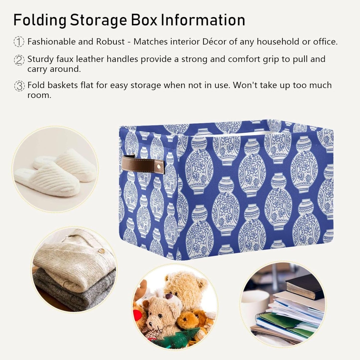 susiyo Storage Baskets for Shelves Organizer Baskets with Metal Frame Closet Storage Bins Fabric Bins Cubes with PU Handles for Organizing Shelf Nursery Toys 1 PACK,Blue Chinoiserie Vases