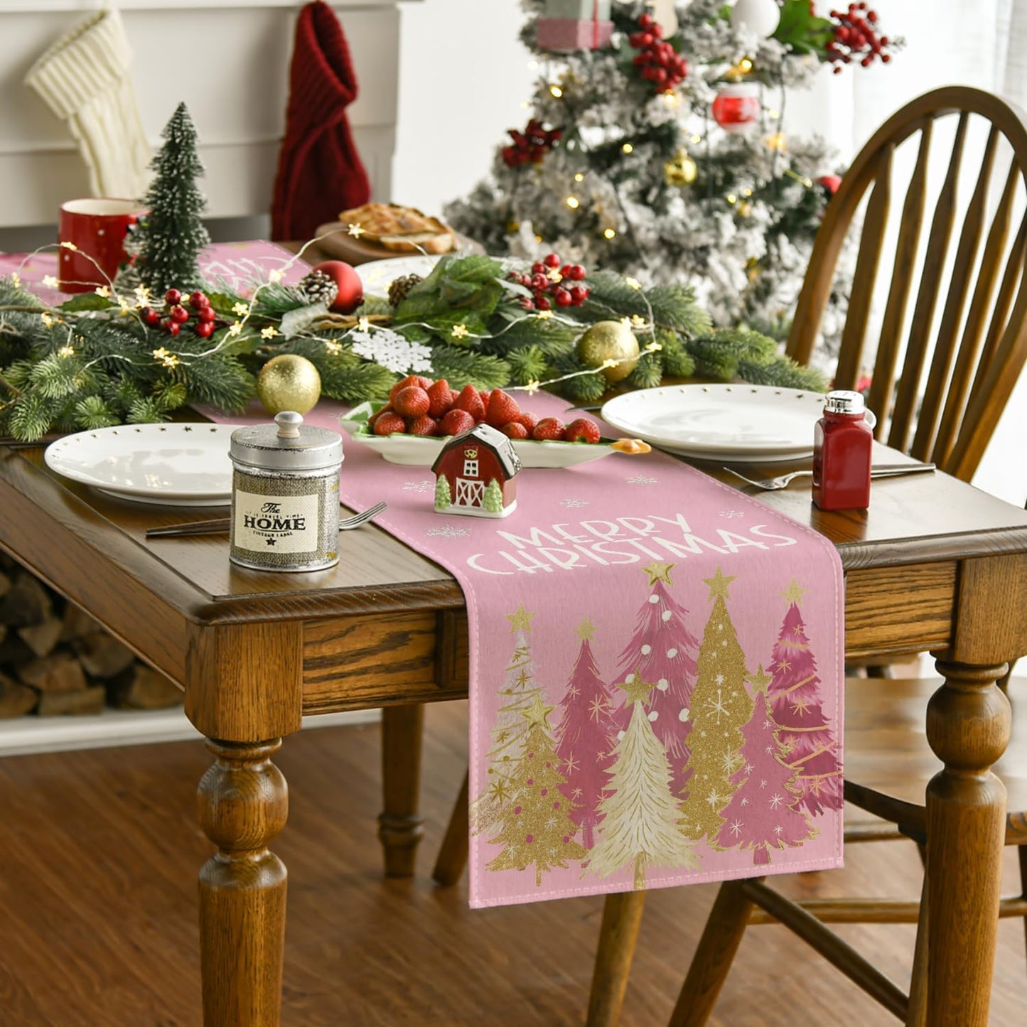 Artoid Mode Xmas Trees Snowflakes Pink Merry Christmas Table Runner, Winter Seasonal Kitchen Dining Table Decoration for Home Party Decor 13x60 Inch