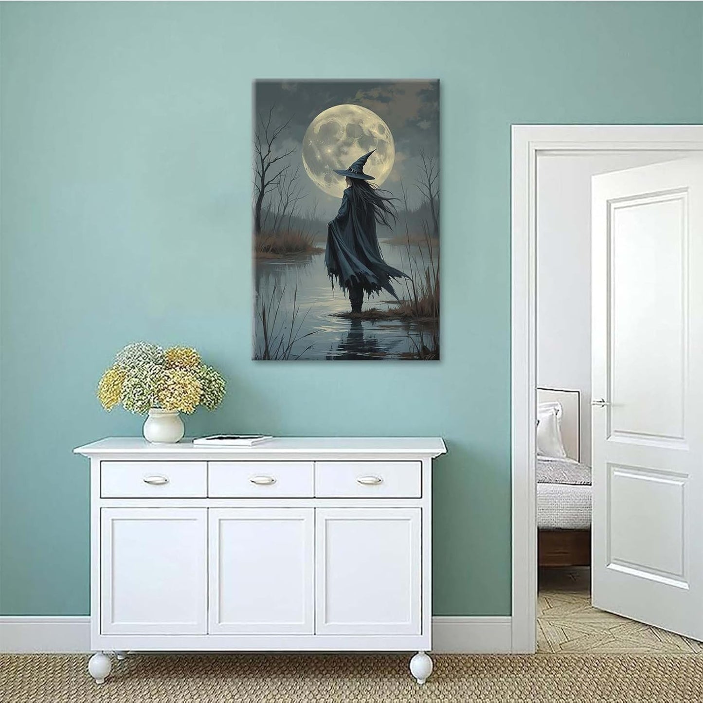 Witch in the moonlight magic canvas wall art enchanting Halloween home decor swamp witch silhouette oil painting mysterious gothic aesthetic wall decor print poster24x36in Wood Framed