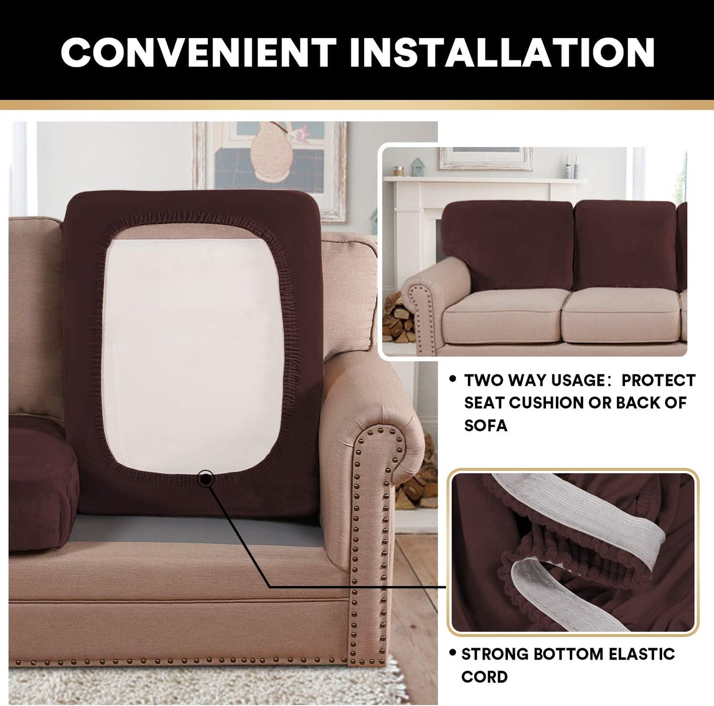 PrinceDeco Brown Furniture Cover, 2 Pcs Velvet Stretch Sofa Cushion Covers for Individual Cushions, Pet Friendly, Stay in Place, Machine Washable