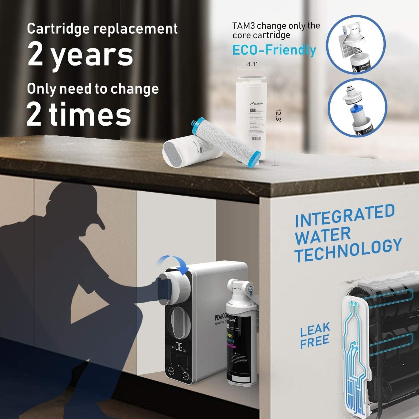 Frizzlife Reverse Osmosis Water Filter - Alkaline Mineral pH+, 600 GPD High Flow, Tankless RO Reverse Osmosis System, Under Sink, Reduce TDS, Compact, 2:1 Drain Ratio, PD600-TAM3