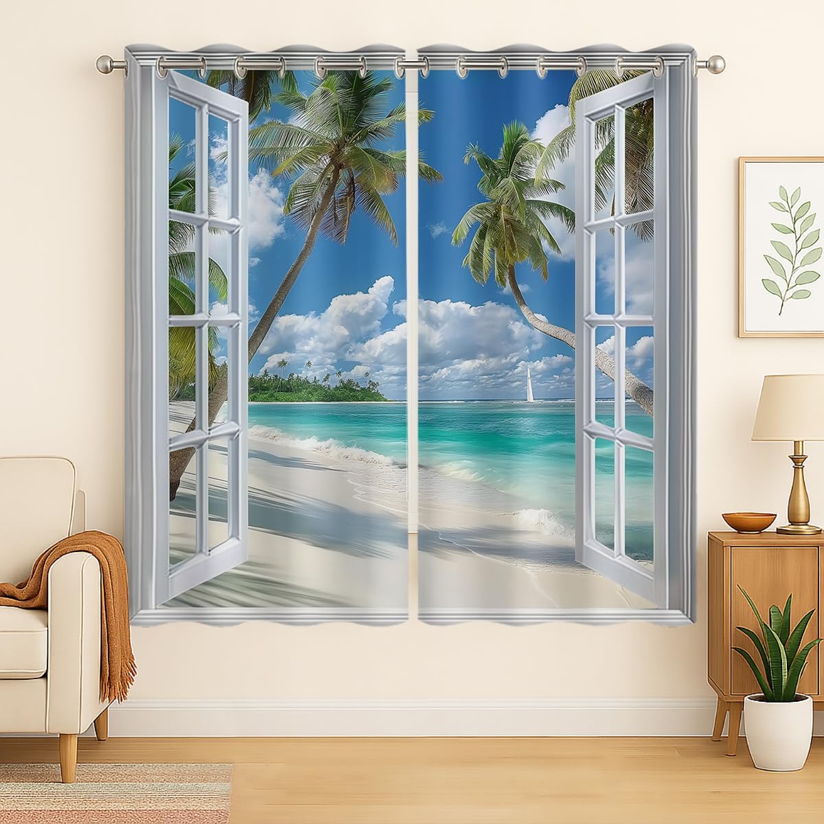 Beach Blackout Curtains for Girls Boys Teens Home Decor, Tropical Summer Scene Ocean Island Palm Tree Grommet Thermal Insulated Drapes Darkening Window Curtain for Bedroom Living Room, 72 x 63 Inch