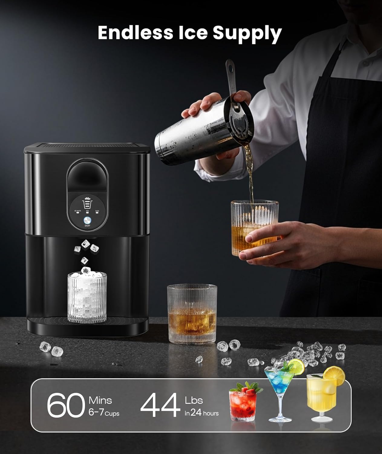 Nugget Ice Maker Countertop, 44lbs/24H Soft Chewable Pellet Ice Maker Machine Dispenser with Water Reservoir, Self-Cleaning, Pebble Ice Machine for Home Kitchen, Office, Black Stainless