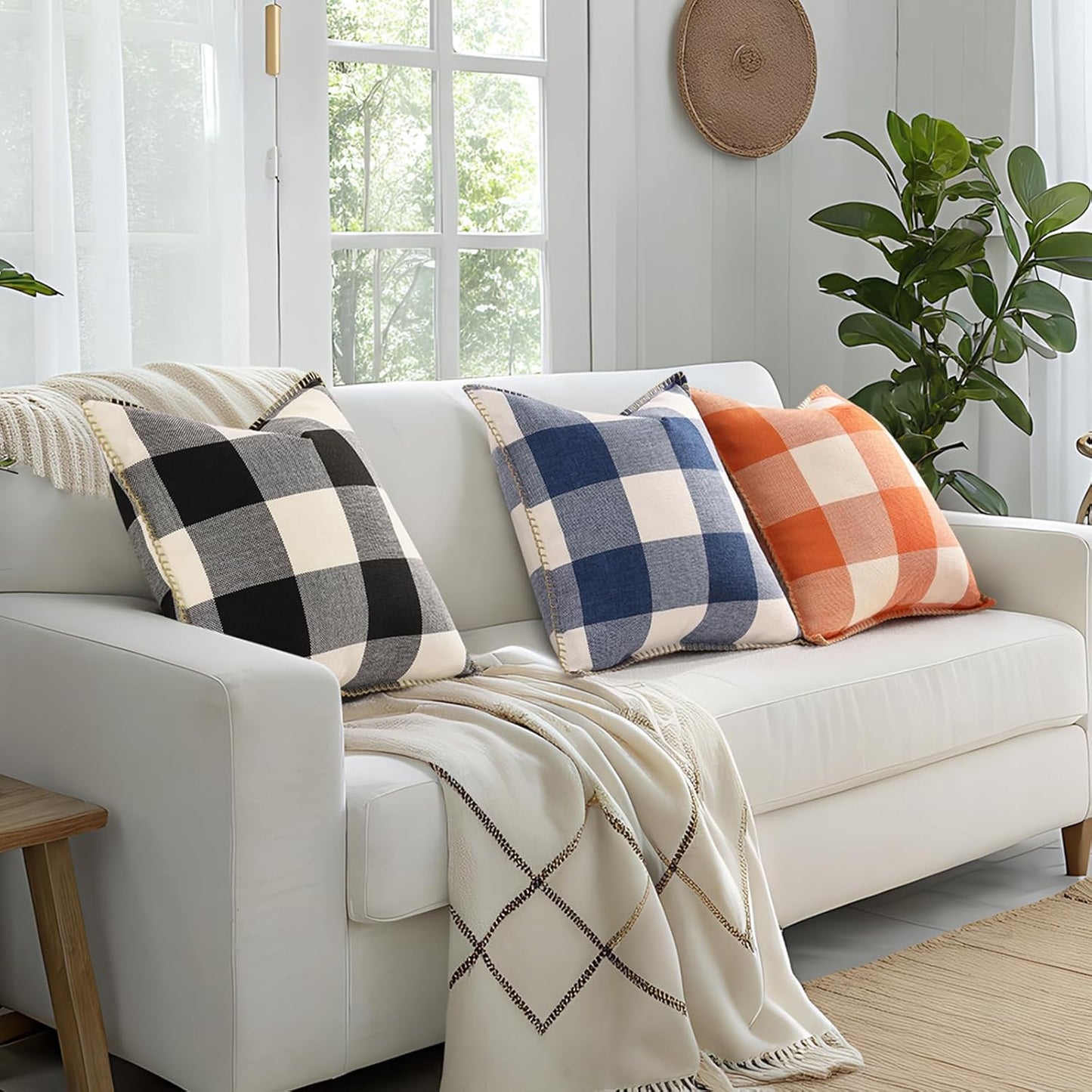 decorUhome Buffalo Plaid Check Throw Pillow Covers 20x20 Set of 2, Outdoor Decorative Farmhouse Neutral Pillow Covers with Stitched Edge for Bed Couch Sofa, Navy Blue and White