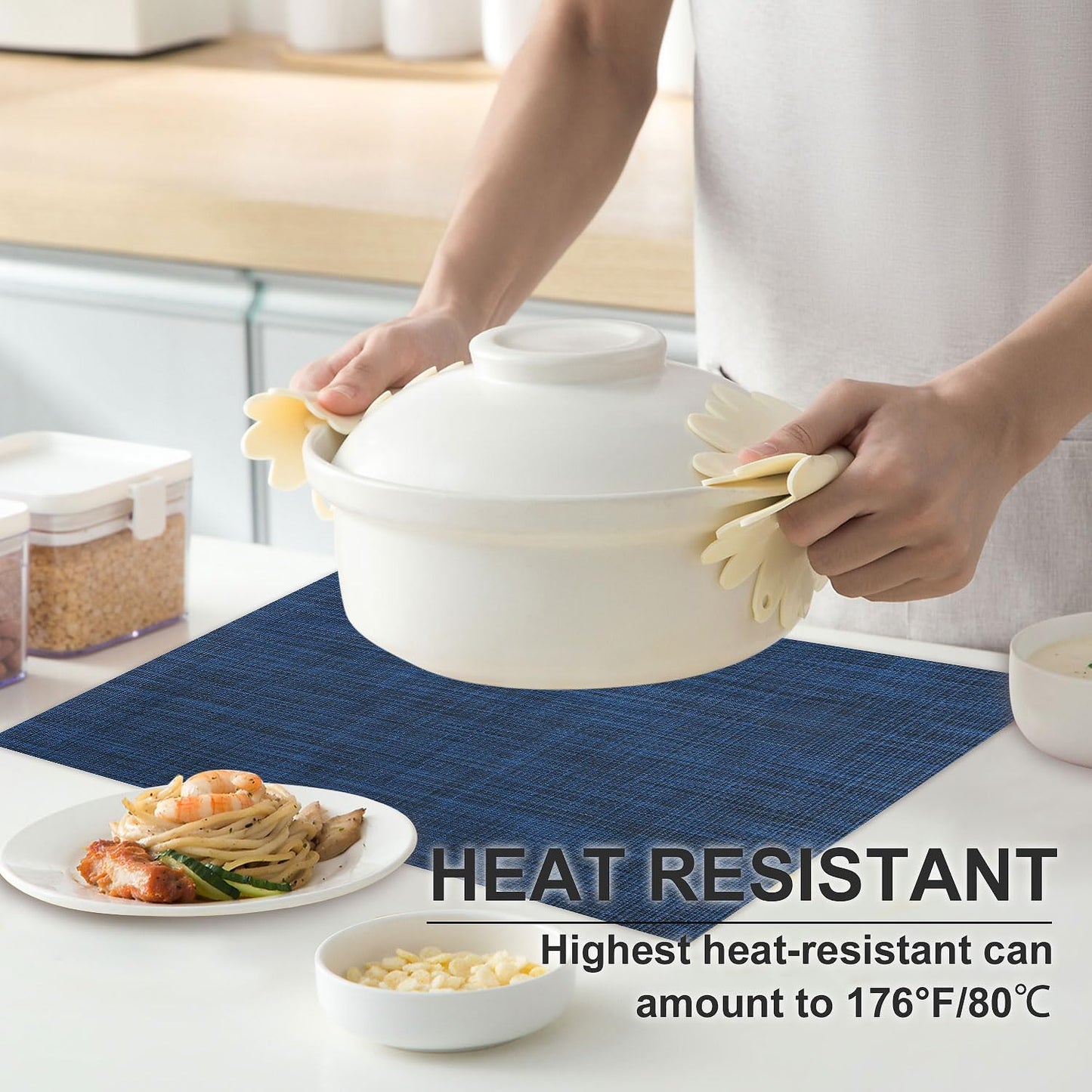Vinyl Placemats Set of 8, PVC Woven Washable Non-Slip Table Mats, Heat Resistant Wrinkle Free Place Mats for Dining Table, Easy to Clean (8, Navy Blue)