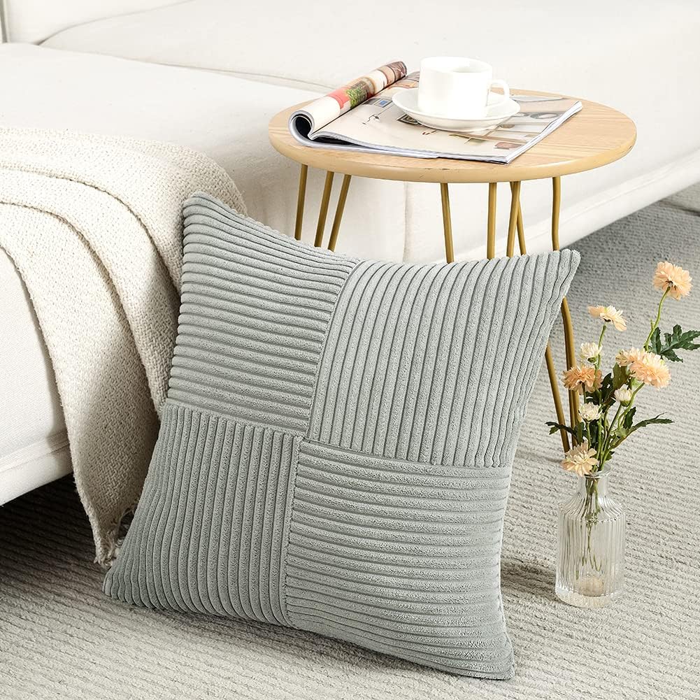 Fancy Homi 2 Packs Grey Decorative Throw Pillow Covers 18x18 Inch for Living Room Couch Bed Sofa, Rustic Farmhouse Boho Home Decor, Soft Corss Corduroy Patchwork Textured Square Cushion Case 45x45 cm