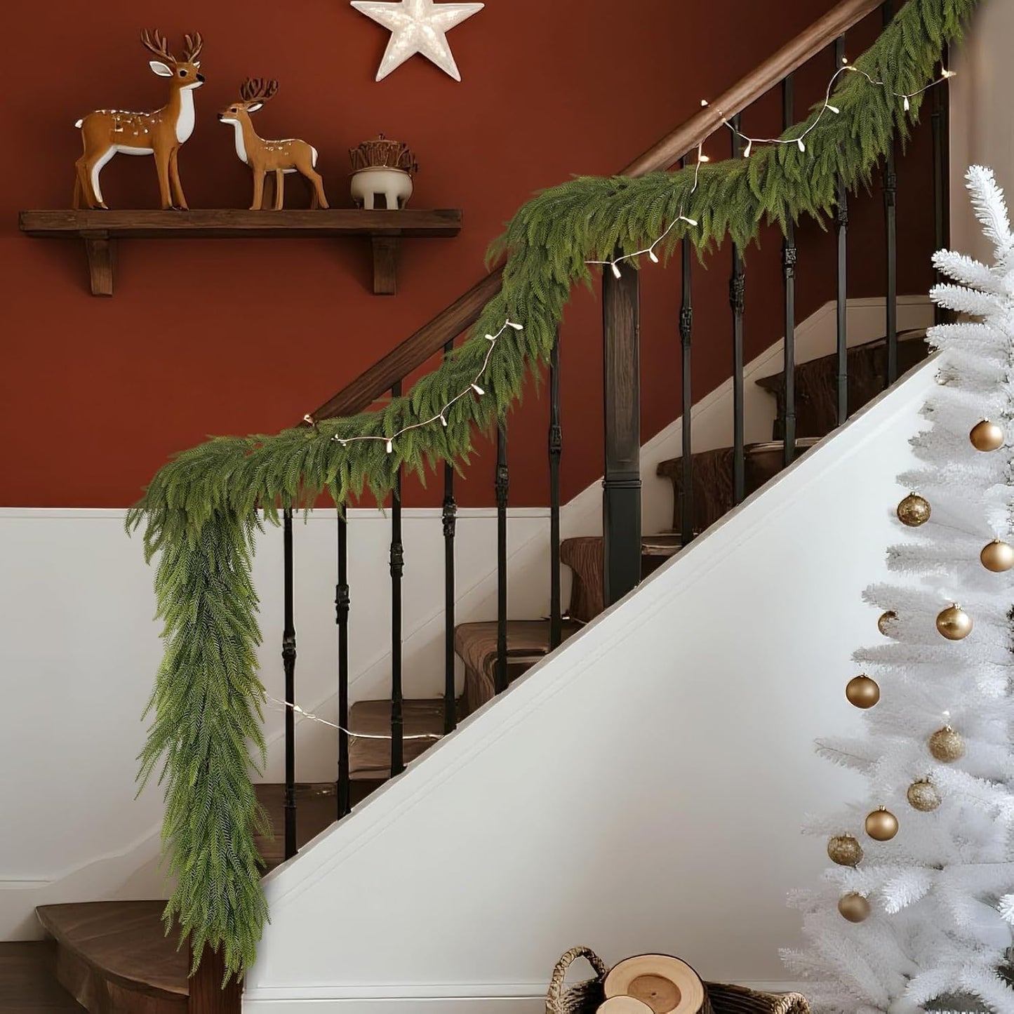 9FT Christmas Norfolk Pine Garland -2PCS, Artificial Pine Needles Garlands Faux Greenery Fake Garland for Holiday Fireplace,Table,Window,Stairs,Mante,Indoor Outdoor Decor