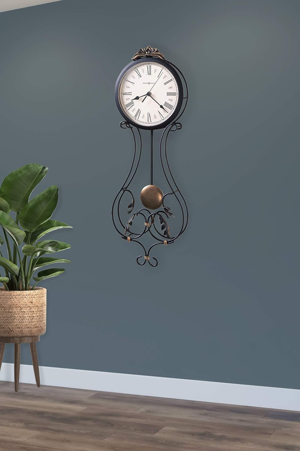 Howard Miller Paulina Wall Clock, Gray Finishes with Golden Pendulum & Quartz Movement, Classic Round White Dial with Roman Numeral Perfect for Home Decor, Living Room & Office Wall Mount