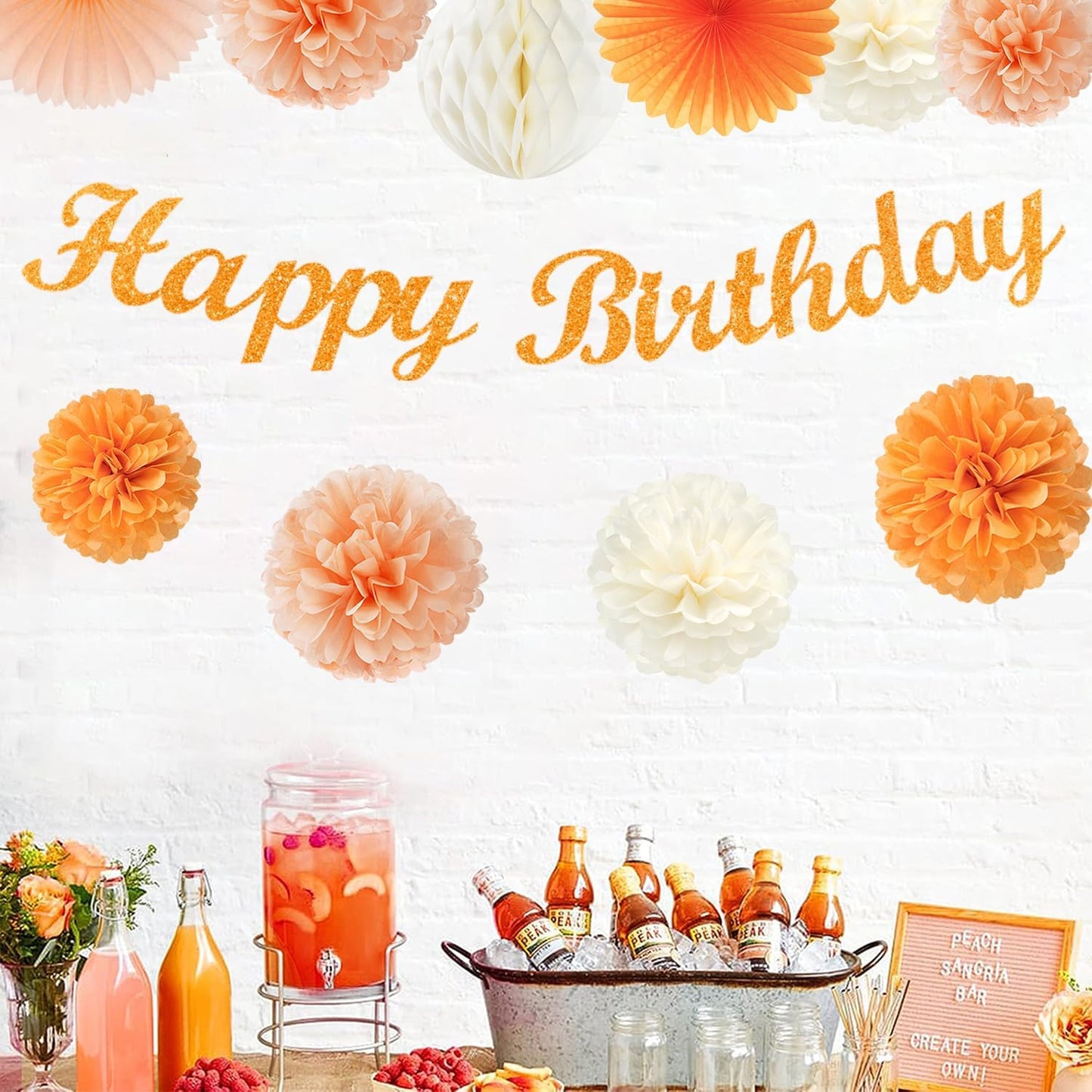 Orange Hippie Birthday Party-Decorations Paper-Flowers - 14pcs Happy Banner Fall Honeycomb Tissue Pom Poms,Boho Streamers Garland Fans,Sweet Peach Groovy Sunset Groovy Hanging Supplies Decor Hugfond