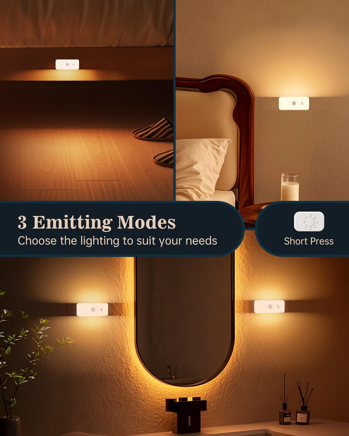 Yiliaw Motion Sensor Night Lights Indoor - Rechargeable Stick-On Stair Lights with Wireless Magnetic Mount, Adjustable Brightness & 3 Color Temps for Hallway, Stairway, Bathroom, Closet (4-Pack)