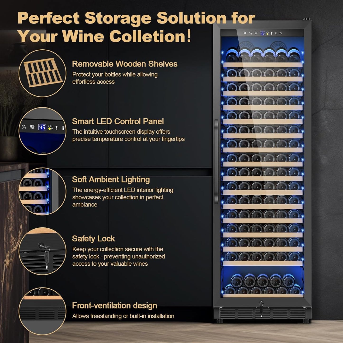Upgraded 190 Bottles Wine Cooler Refrigerator,24 Inch Wide Wine Fridge with Professional Temperature Control System,Freestanding or Built-in installation, Quiet Operation,Black