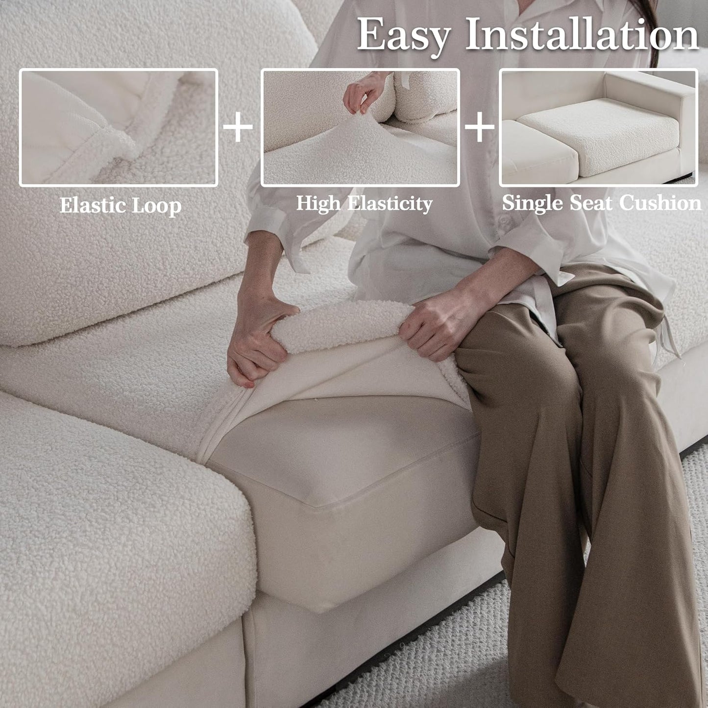 Couch Cushion Covers for Sectional Sofa, Stretch Soft Sofa Slipcovers Washable Wear-Resistant Universal Furniture Protector for Living Room(1 Piece Large Cover, Ivory)