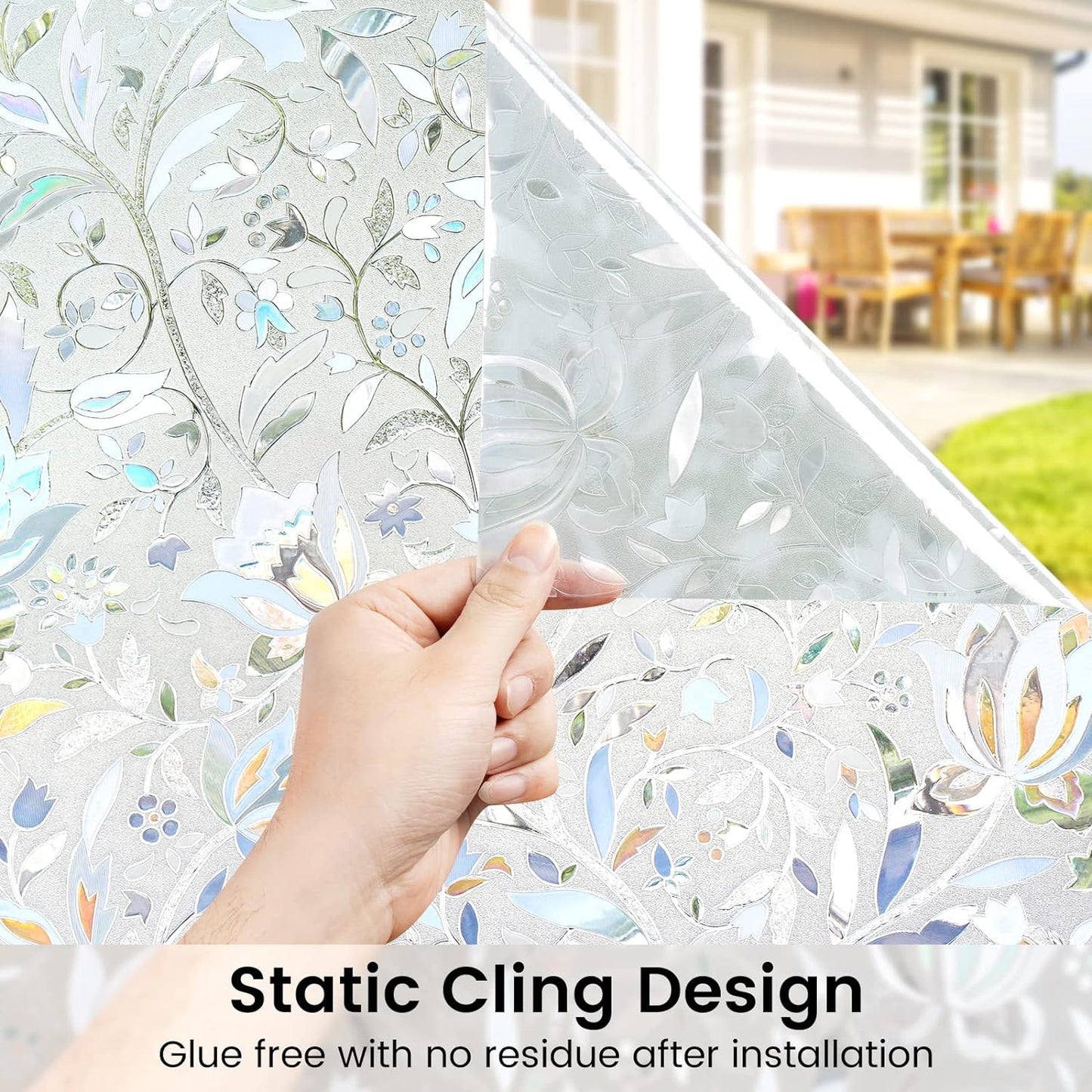 DOWELL Window Privacy Film, 3D Stained Glass Rainbow Films, Decorative Window Vinyl Sun Blocker Door Covering, Static Cling Non-Adhesive Glass Sticker for Home, Blooming Flowers, 35.4"x157.4"