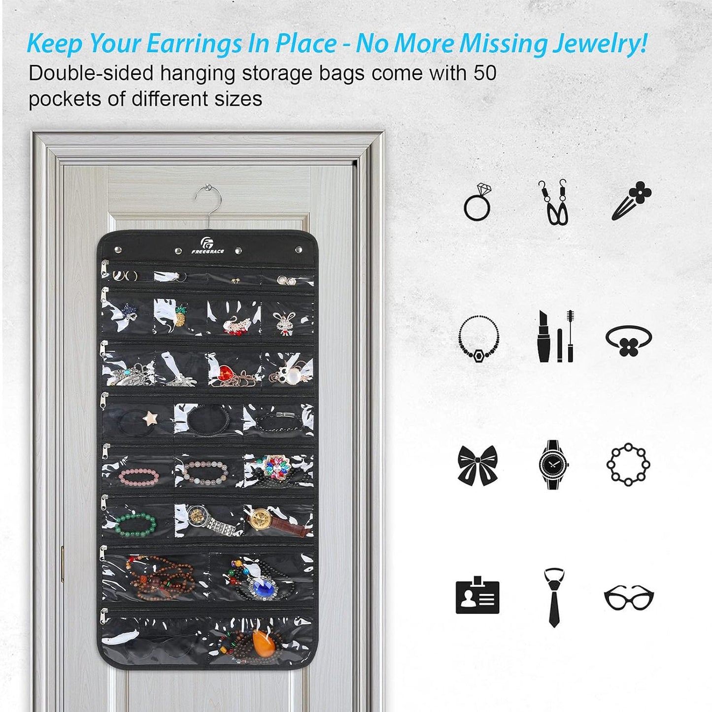 Freegrace Hanging Jewelry Organizer Revolving Hanger - Secure Zipper Closure - 50 Pockets - Foldable Storage & Display Solution - for All Jewelry & Bijoux (Black)