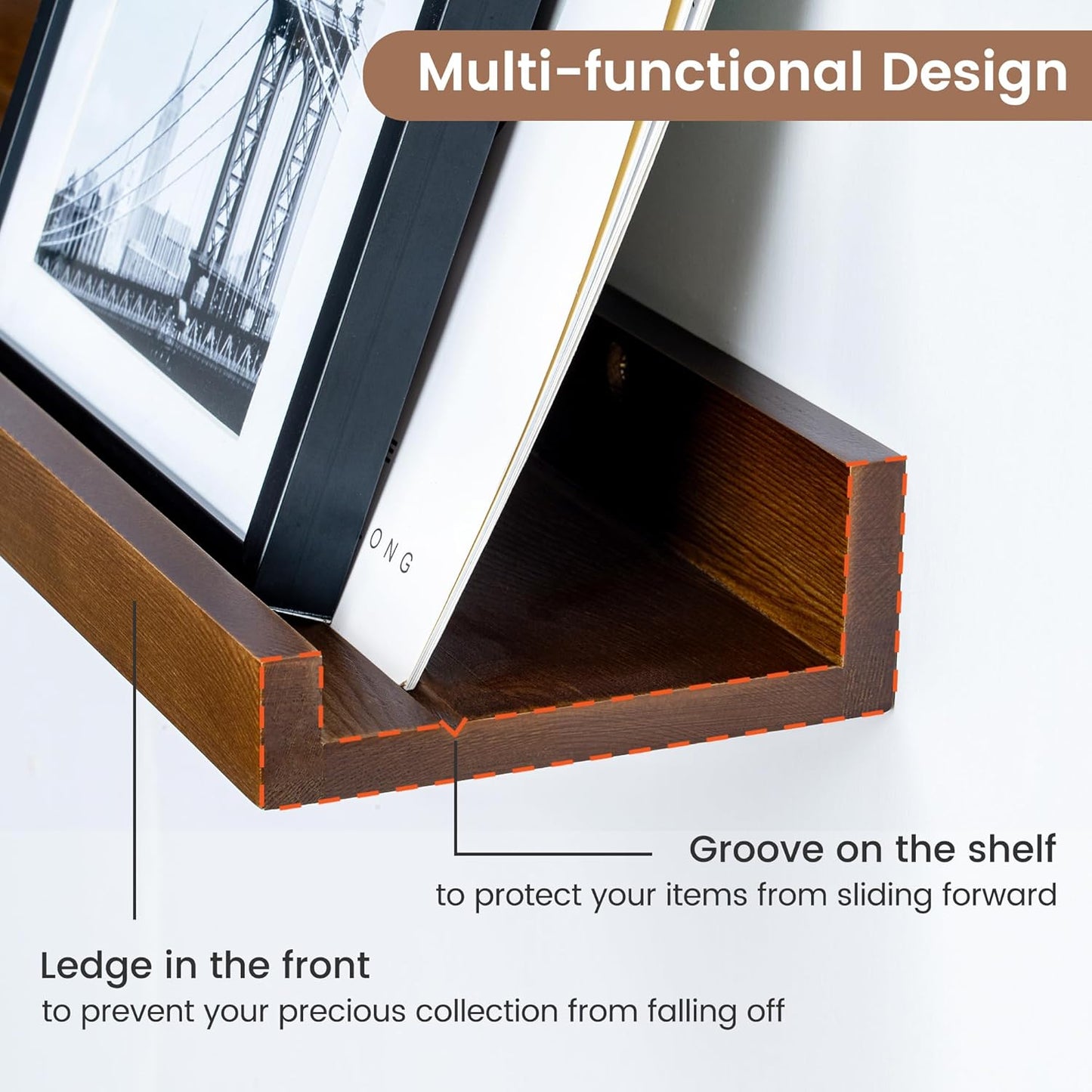 Picture Ledge Wall Shelves 36 inch Width Set of 2, Solid Pine Wood Rustic Floating Ledge Shelves for Wall for Kids' Room Bedroom Kitchen Bathroom Living Room Nursery Display Wall Decor, Walnut