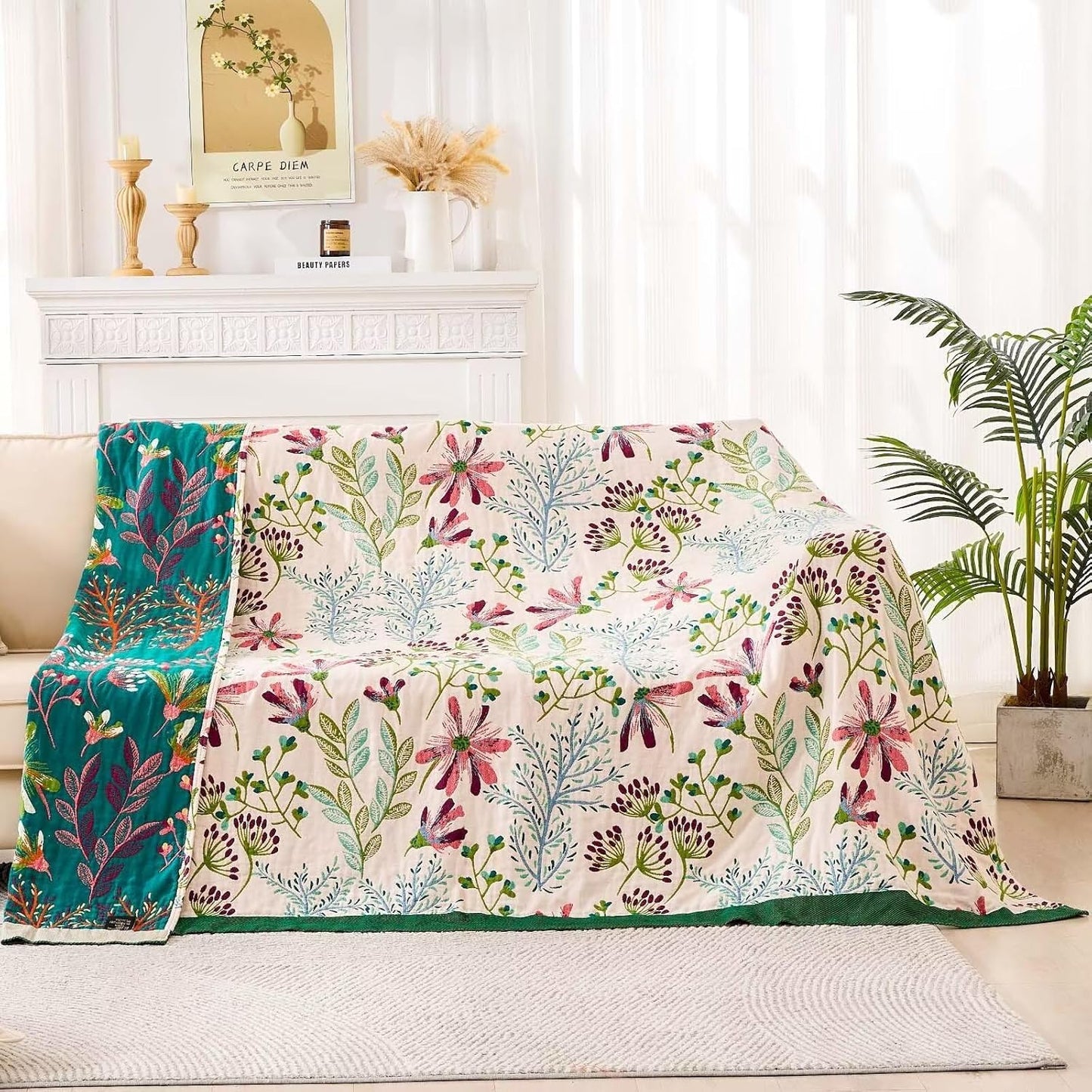 Boho Throw Blanket for Bed, 100% Cotton Soft Rustic Quilt Fall Blanket, 90"x98" Floral Printed Farmhouse Decor Bed Blankets, All Season Rustic Reversible Bohemian Throw Quilt