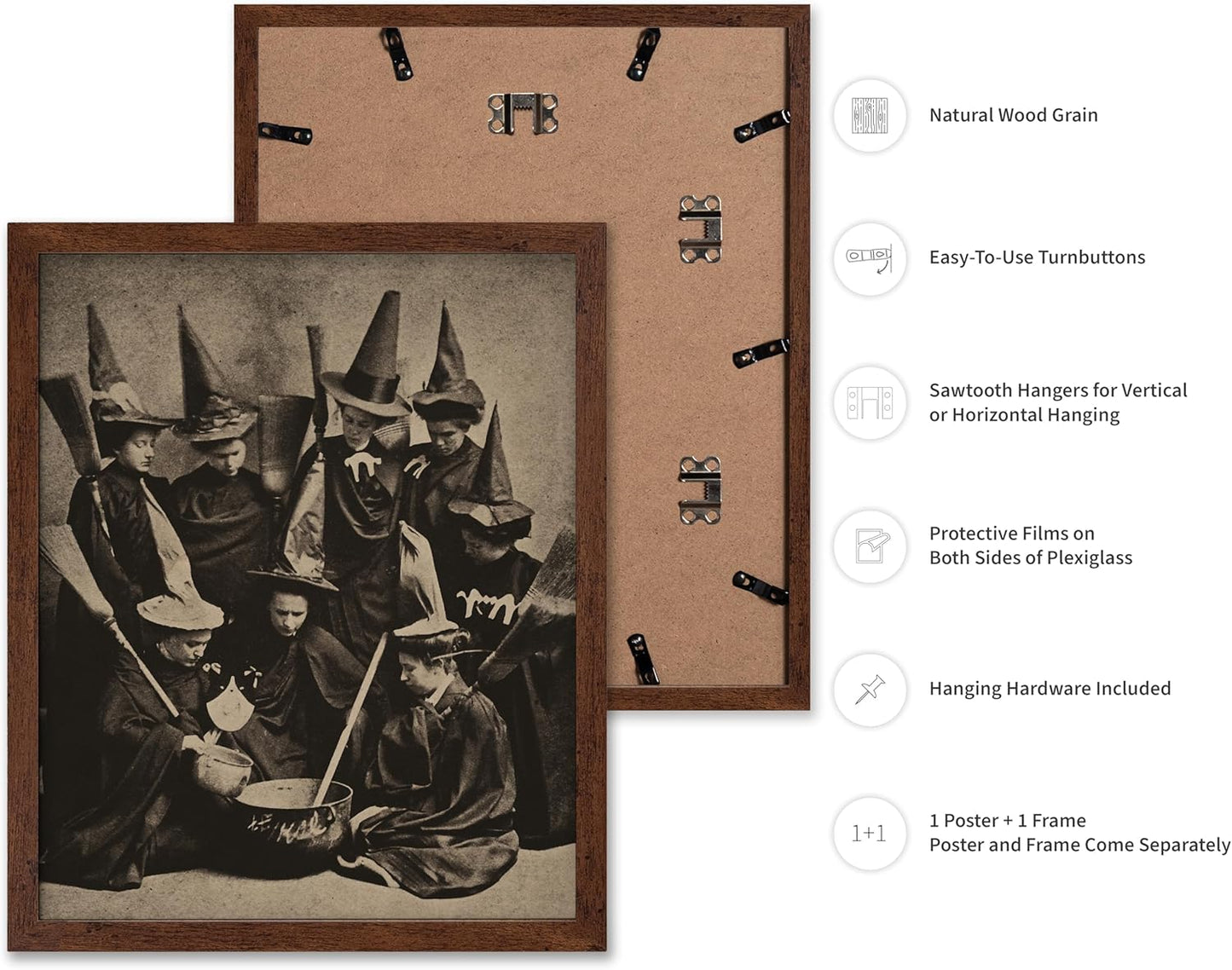 Poster Master Vintage Photograph Poster - Retro Halloween Print - Gift for Artist, Friend - Witches Cooking, Pointy Hats, Broomsticks, Black Magic - Wall Decor for Bedroom, 8x10 Brown Framed