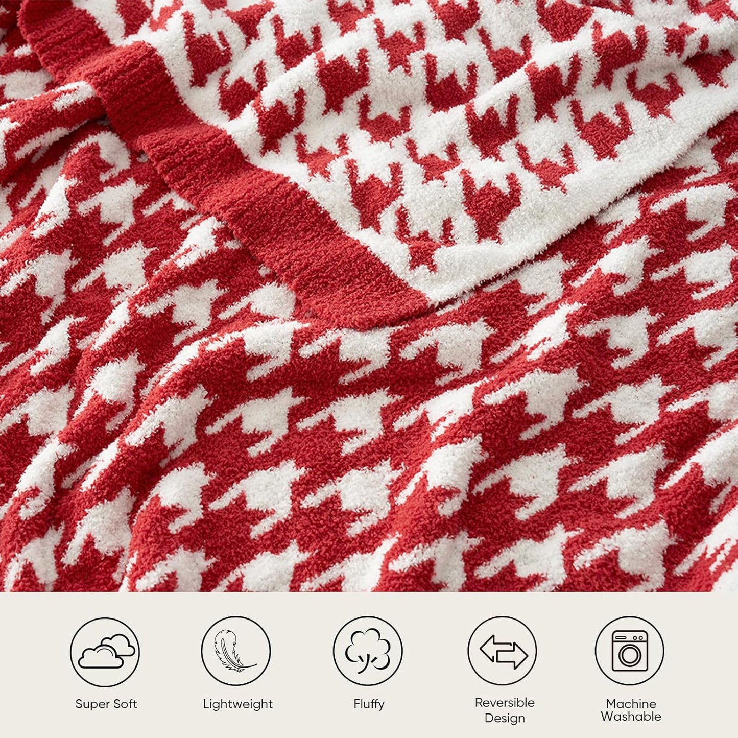 Snuggle Sac Christmas Red Houndstooth Throw Blanket for Couch, Reversible Super Soft Warm Blankets Cozy Knit Fuzzy Plush Lightweight Throws for Sofa Bed Houndstooth Red, 50x60 inches
