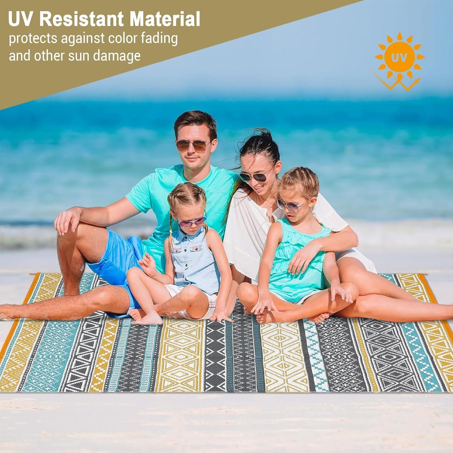 GAOMON Outdoor Plastic Straw Rug, 10'x14' Reversible Sage Green Patio Mat, Flower Modern Design for RV, Backyard, Deck, Camping, Picnic, Teal/Yellow(Bohemia)