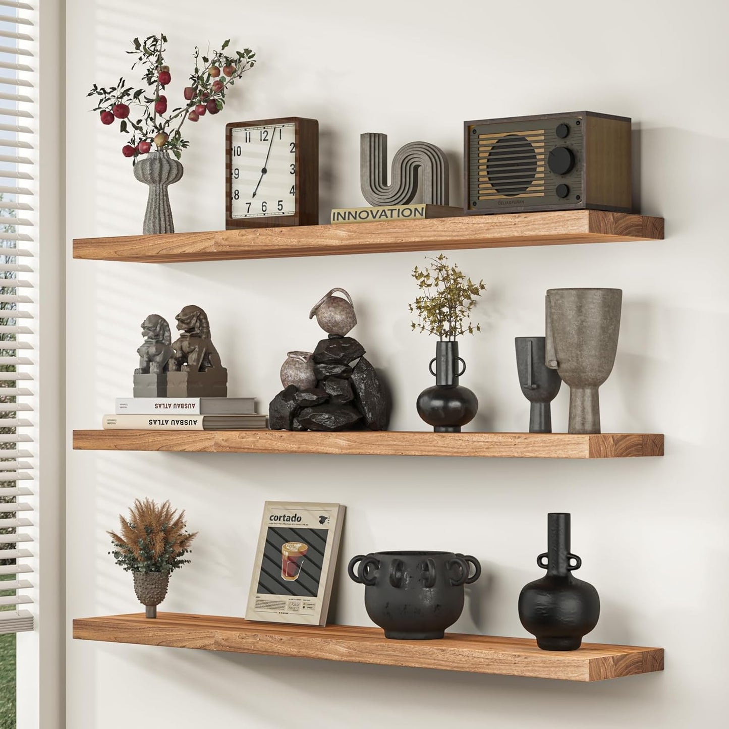 Fun Memories Floating Shelves for Wall, 36"x9.3" Rustic Solid Elm Wood Shelves, Heavy-Duty Wall Mounted Shelf with Invisible Brackets, Set of 2 for Living Room, Bedroom, Kitchen, Natural Finish