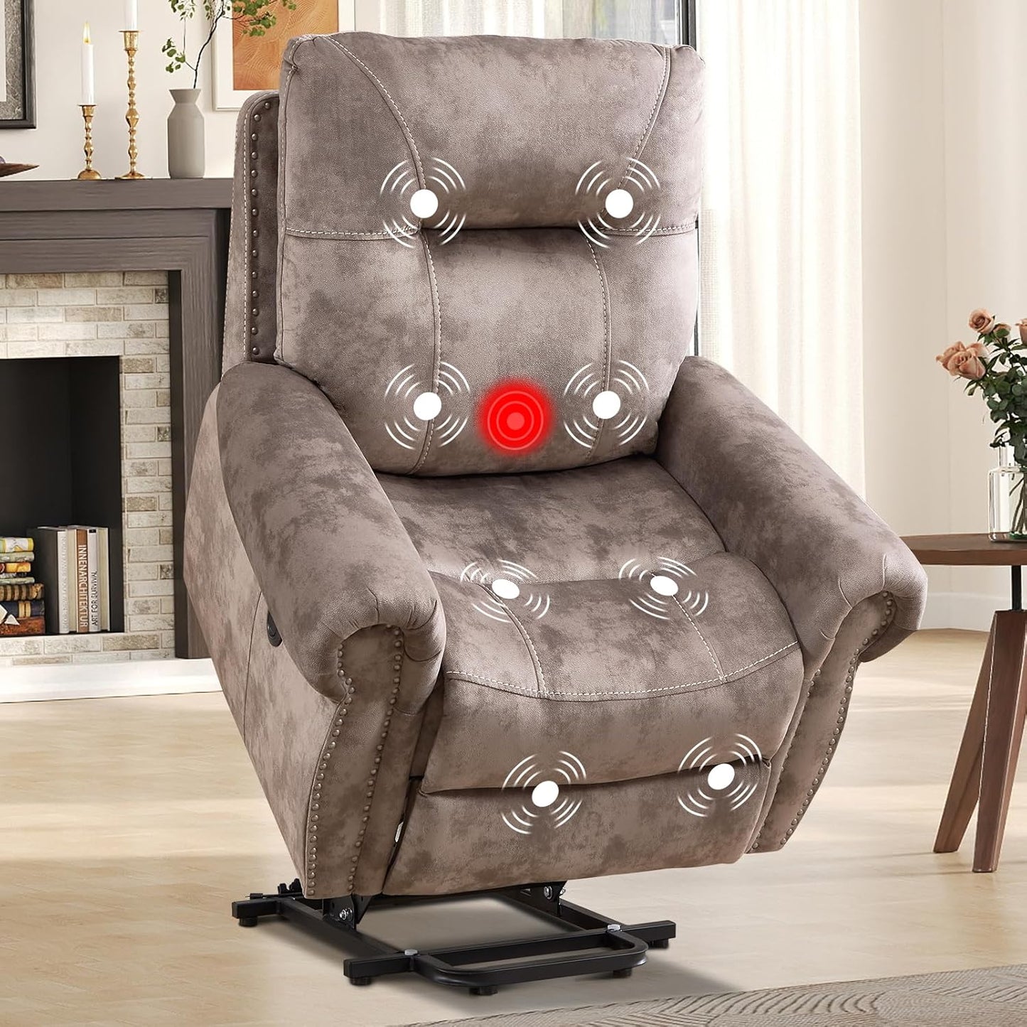 EBELLO Electric Power Recliner Chair with Massage and Heat, Soft Fabric Massage Recliner for Adults, Overstuffed Single Reclining Sofa, Vintage Rivet Mid-Century Design for Living Room, Brown
