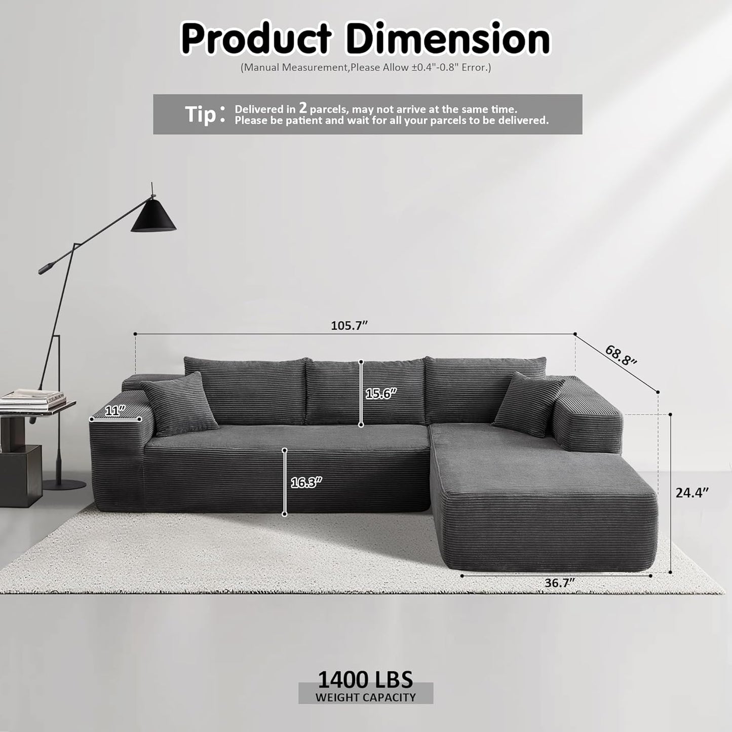 ovios 104" Cloud Sectional Couch with L-Shape Chaise,Modern Modular Sofa with Deep Seat, Upholstered Couches for Living Room Bedroom,No Assembly Required, Grey (Corduroy Fabric)