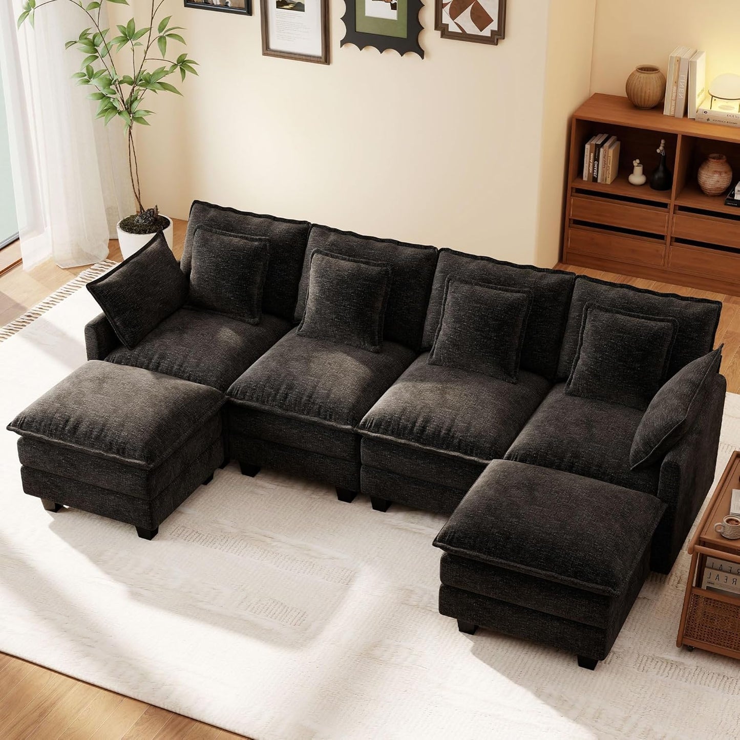 Ihanherry 106" L Shaped Modular Sectional Cloud Sofa, Modern 6 Seat Chenille Couch with Ottoman for Living Room, Bedroom and Apartment, Black