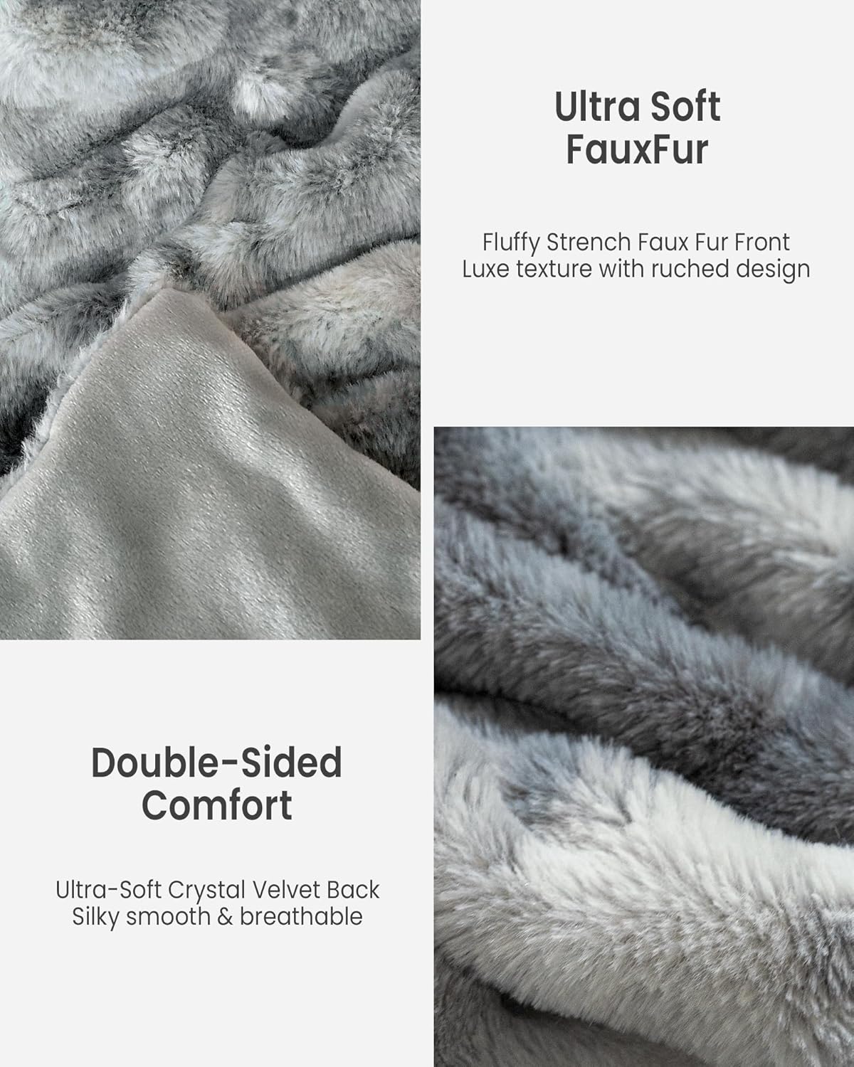 Faux Fur Blanket, Throw Blanket for Couch, Fluffy Blanket with Stretch Ruched Design, Ultra Soft Giftable Home Decor, 50x60 inches, Tie-Dyed in Gray