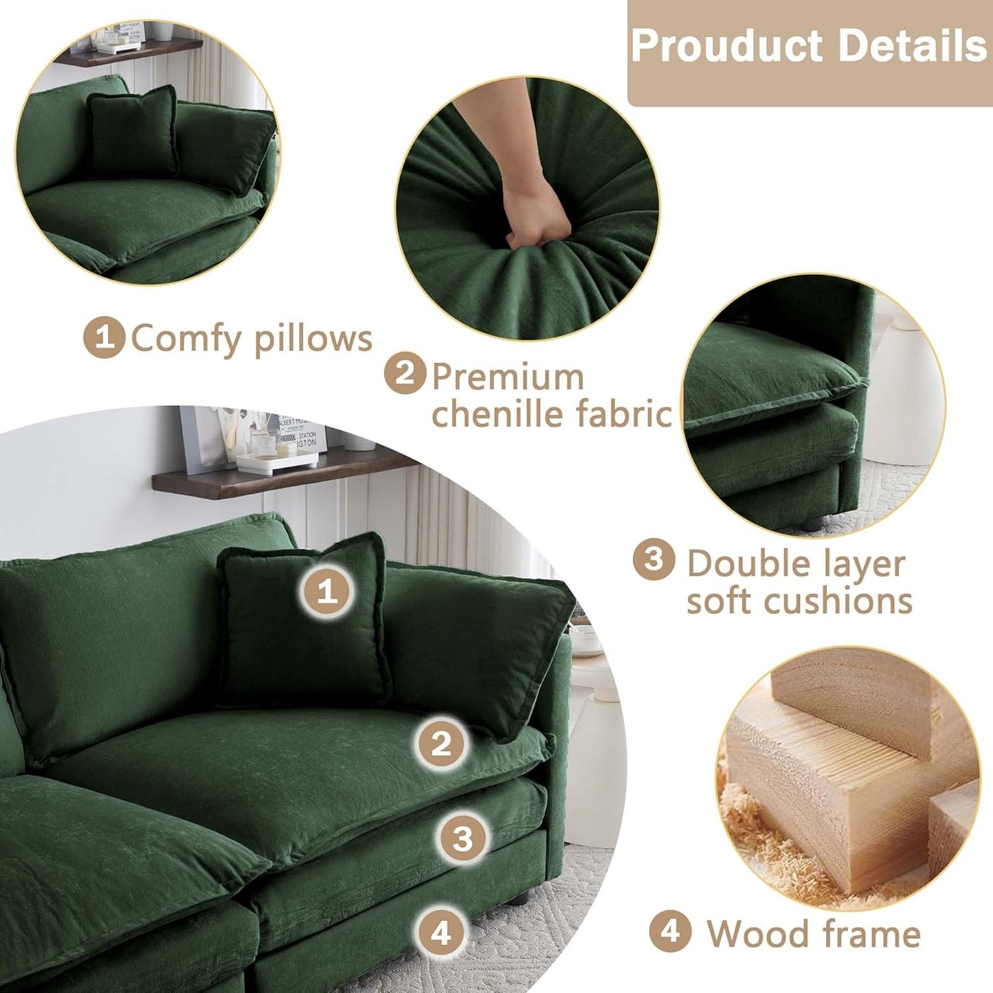 Sectional Sofa 3 Seater with Movable 2 Ottomans,Oversized Modular Couch Deep Seat (Green, 111.5 inch-U)