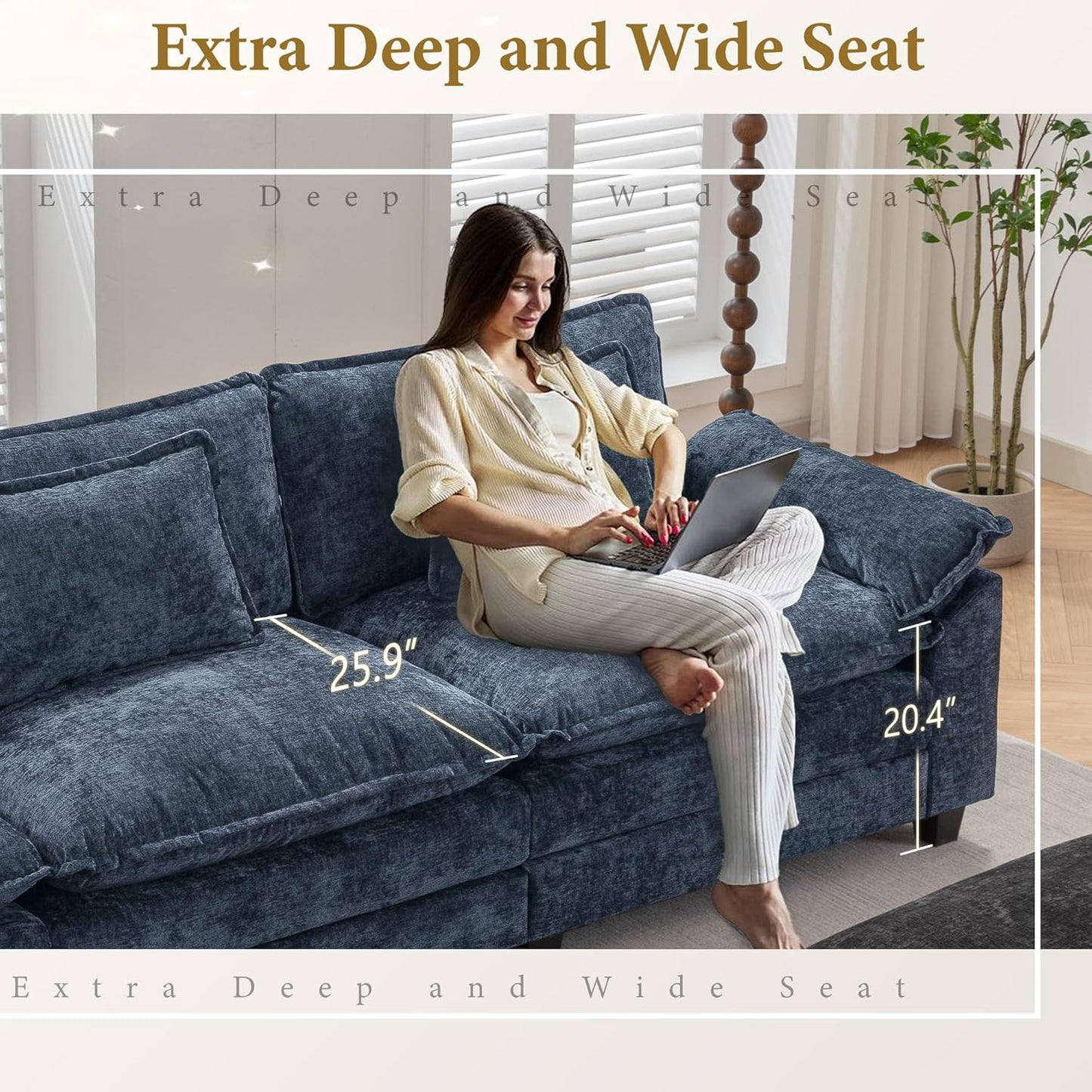 URRED Modular Sectional Sofa Comfy Cloud Couch, Modern Chenille Sofa Sleeper Deep Seat Couches with Ottoman/Pillows for Living Room (Blue, 154'' - U Shape)