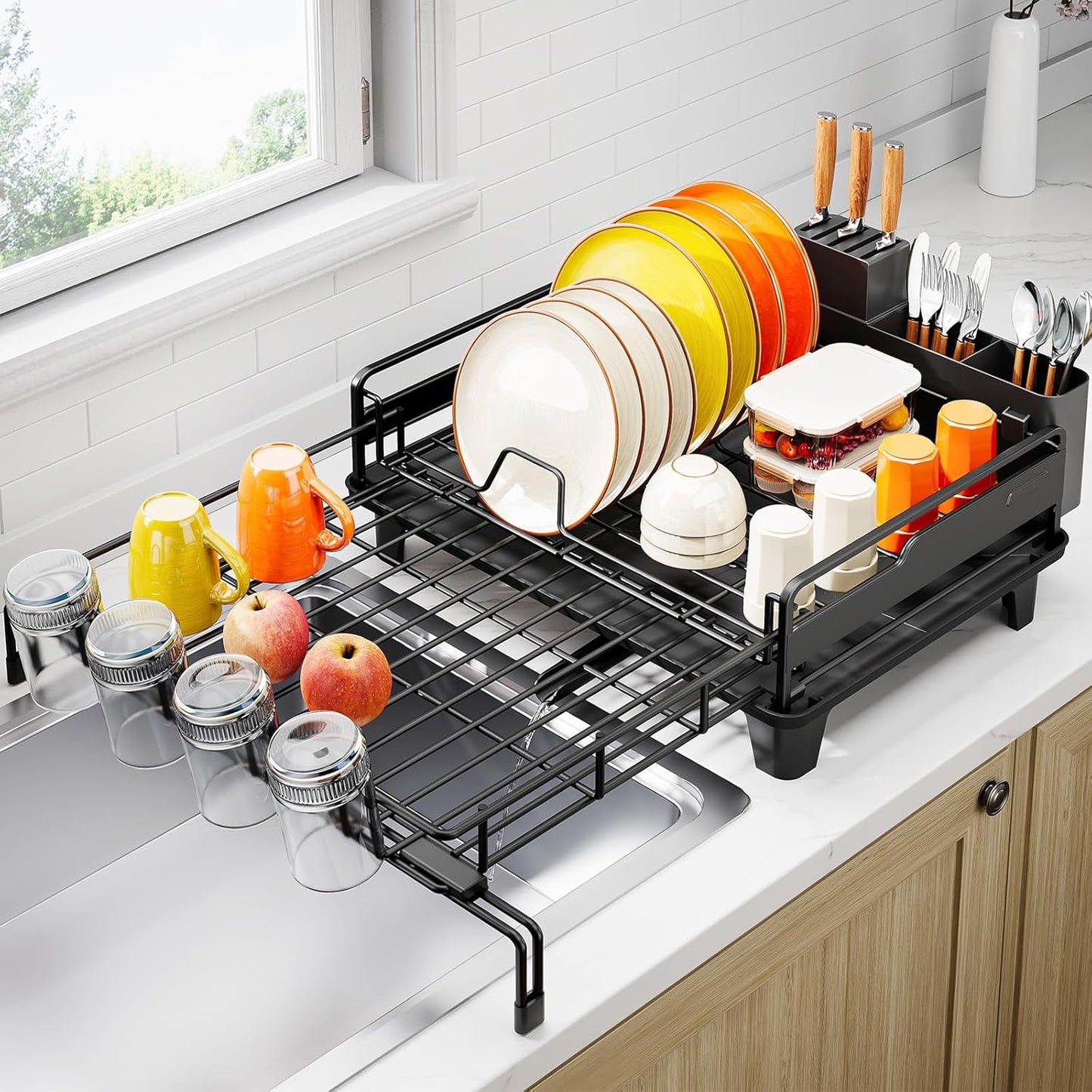 Extendable Dish Drying Rack, Multifunction Dish Rack for Kitchen Counter, Expandable Dish Drainer Over Sink, Large Dish Strainer with Cups Holder, 1 Tier Black