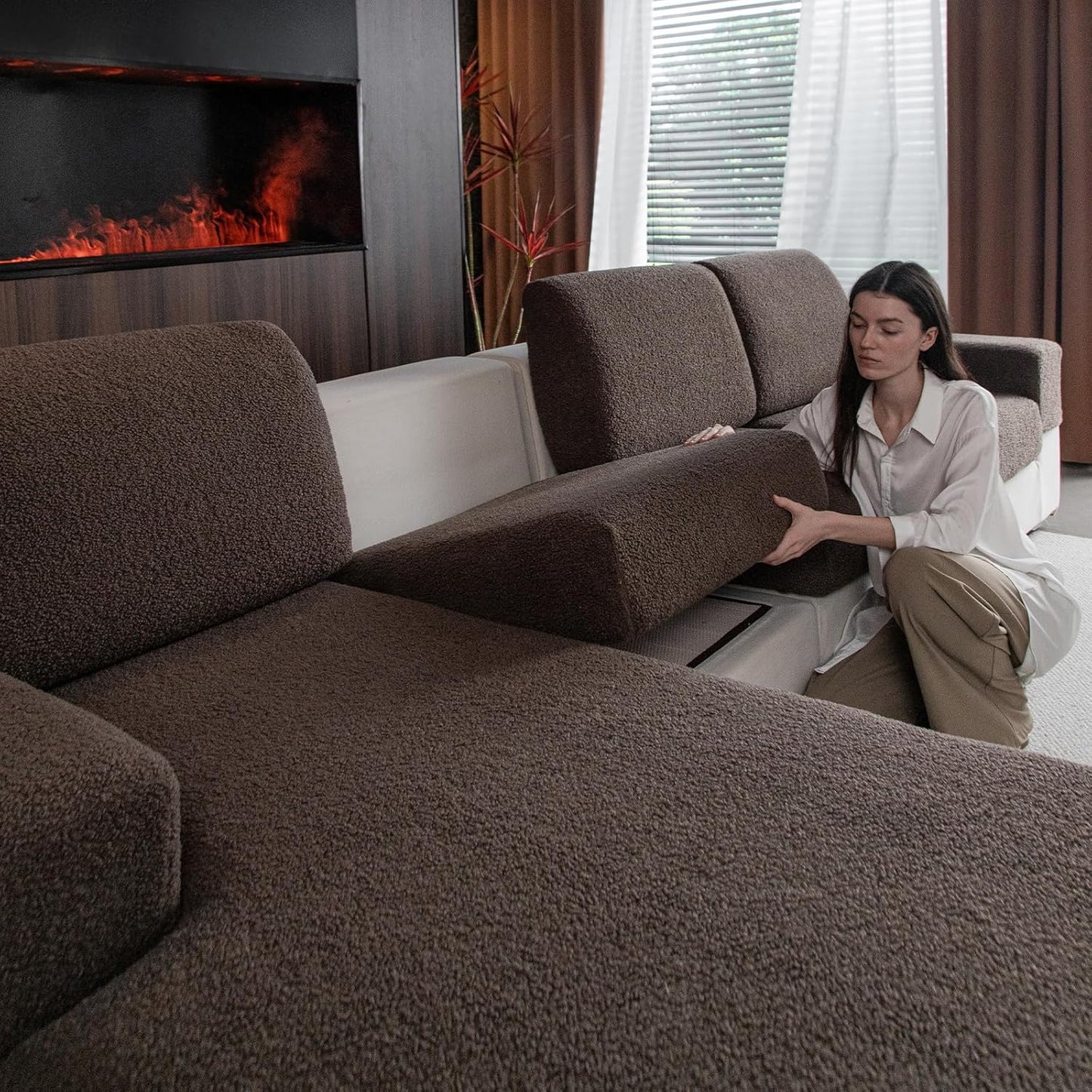 Couch Cushion Covers for Sectional Sofa, Stretch Soft Sofa Slipcovers Washable Wear-Resistant Universal Furniture Protector for Living Room(1 Piece Oversized Cover, Brown)