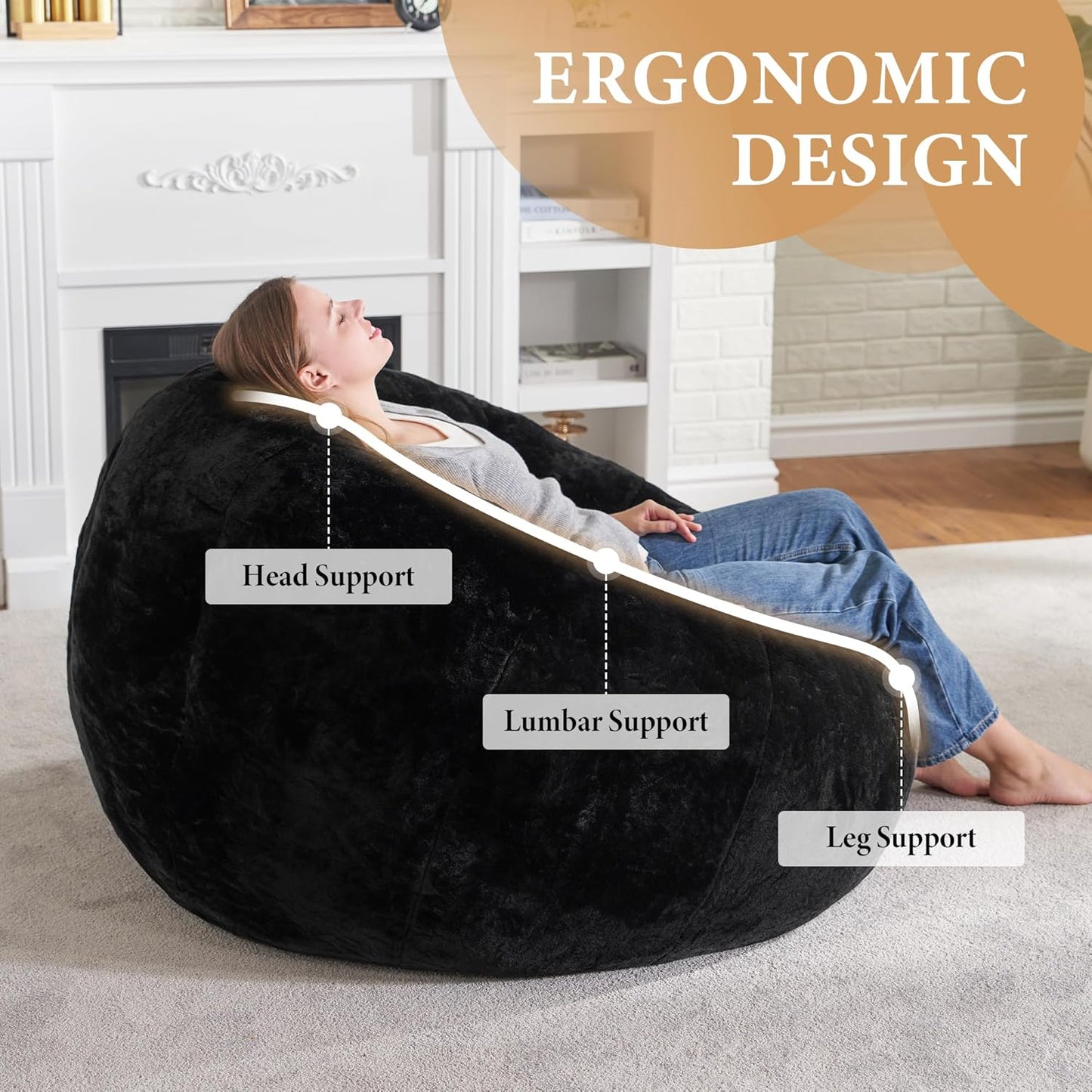 Hobestluk Bean Bag Chairs Large Bean Bag Couch for Adults Stuffed Sofa Chair Comfy Giant Bean Bag Chair with Spacious Design for Reading, Playing or Relaxing (Black)