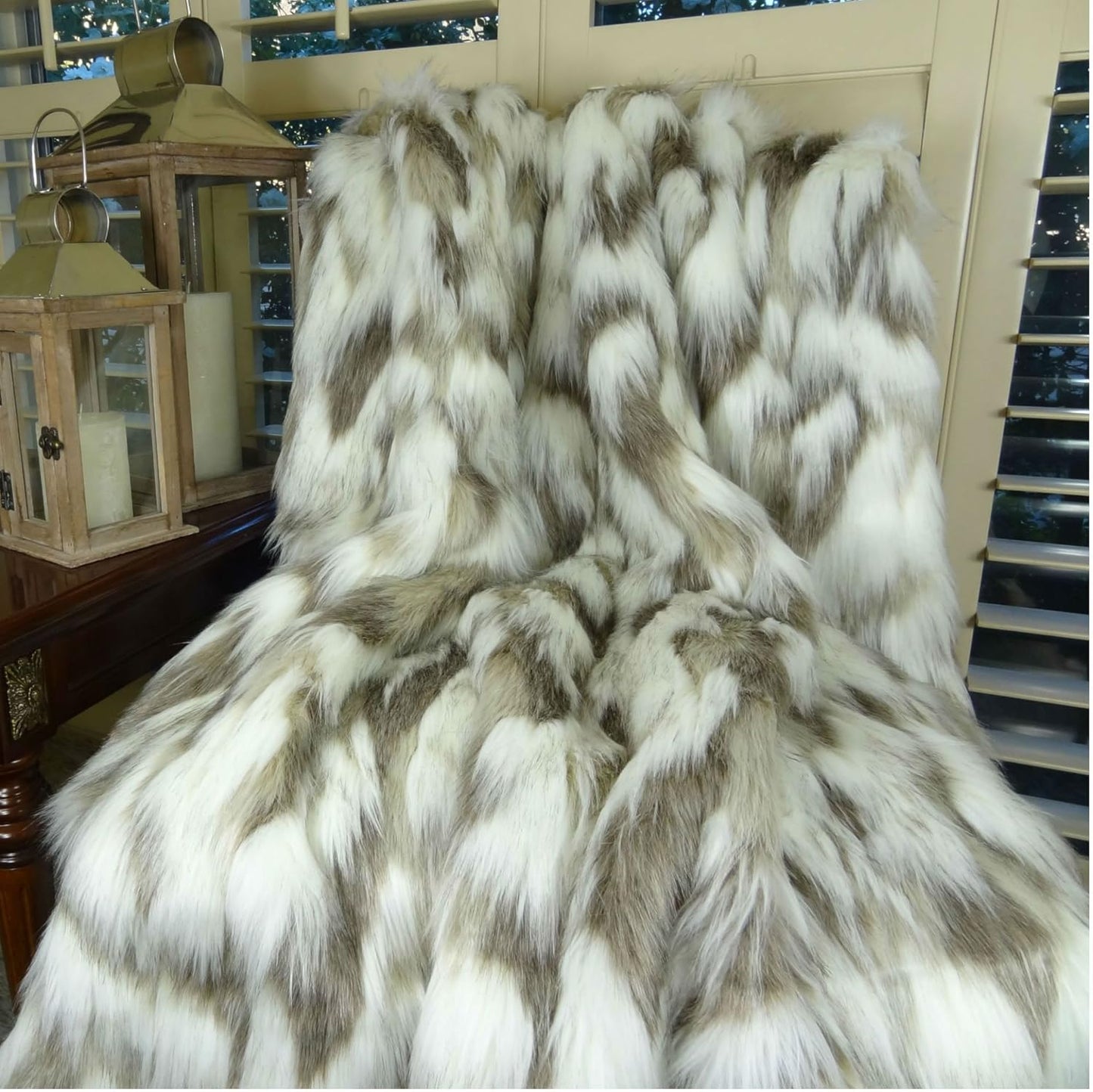Ivory Beige Luxury Faux Fur Throw Blanket - Tibet Fox Fur - 96W x 110L Bedspread