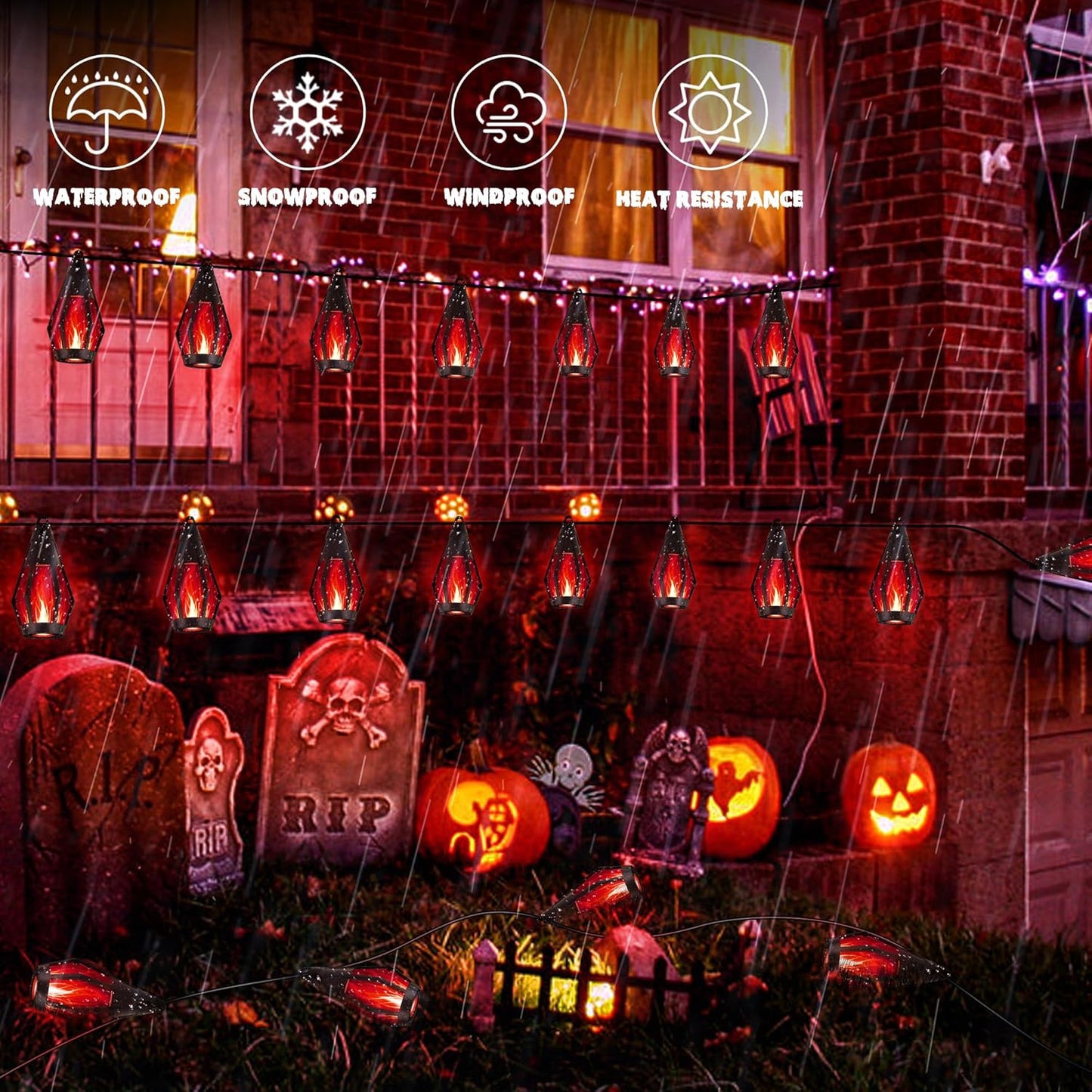 iBaycon Solar Halloween Lights, 42Ft 15 LED Bulbs Flickering Flame String Light, Outdoor Waterproof Solar Flame Lights for Garden Yard Patio Halloween Decorations (Red)